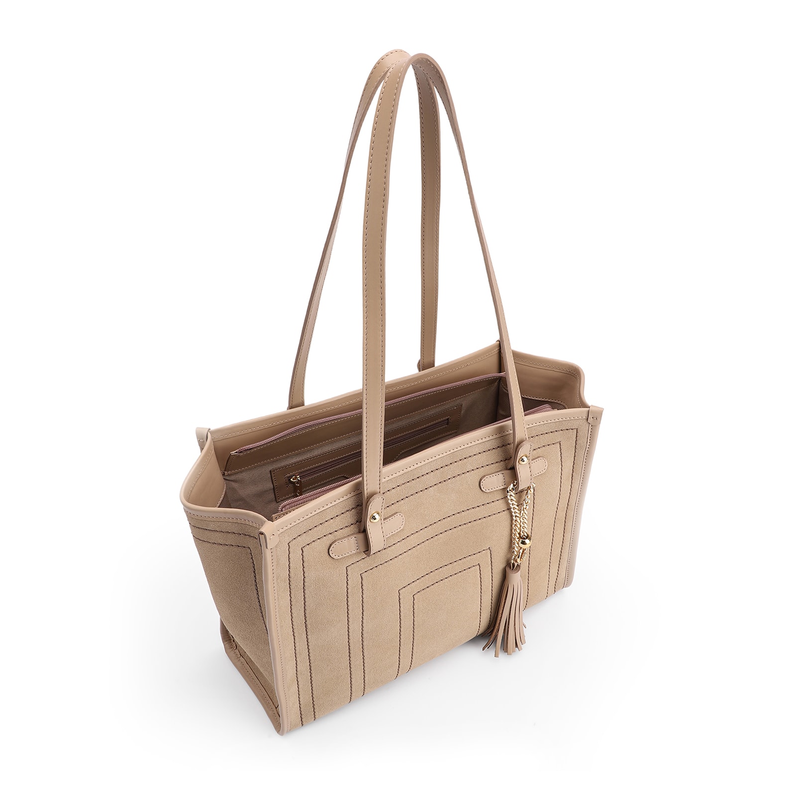 Bolsa Tote Couro Camurça/Couro Bege