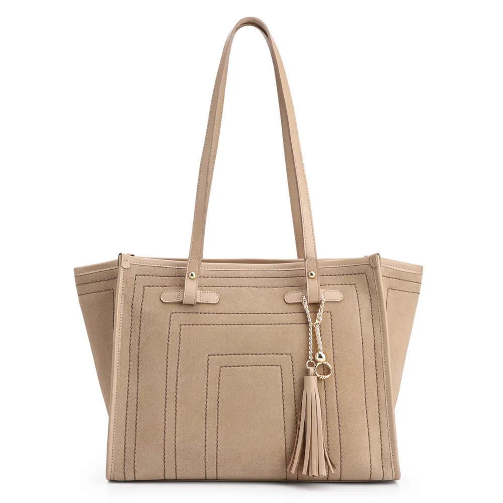 Bolsa Tote Couro Camurça/Couro Bege