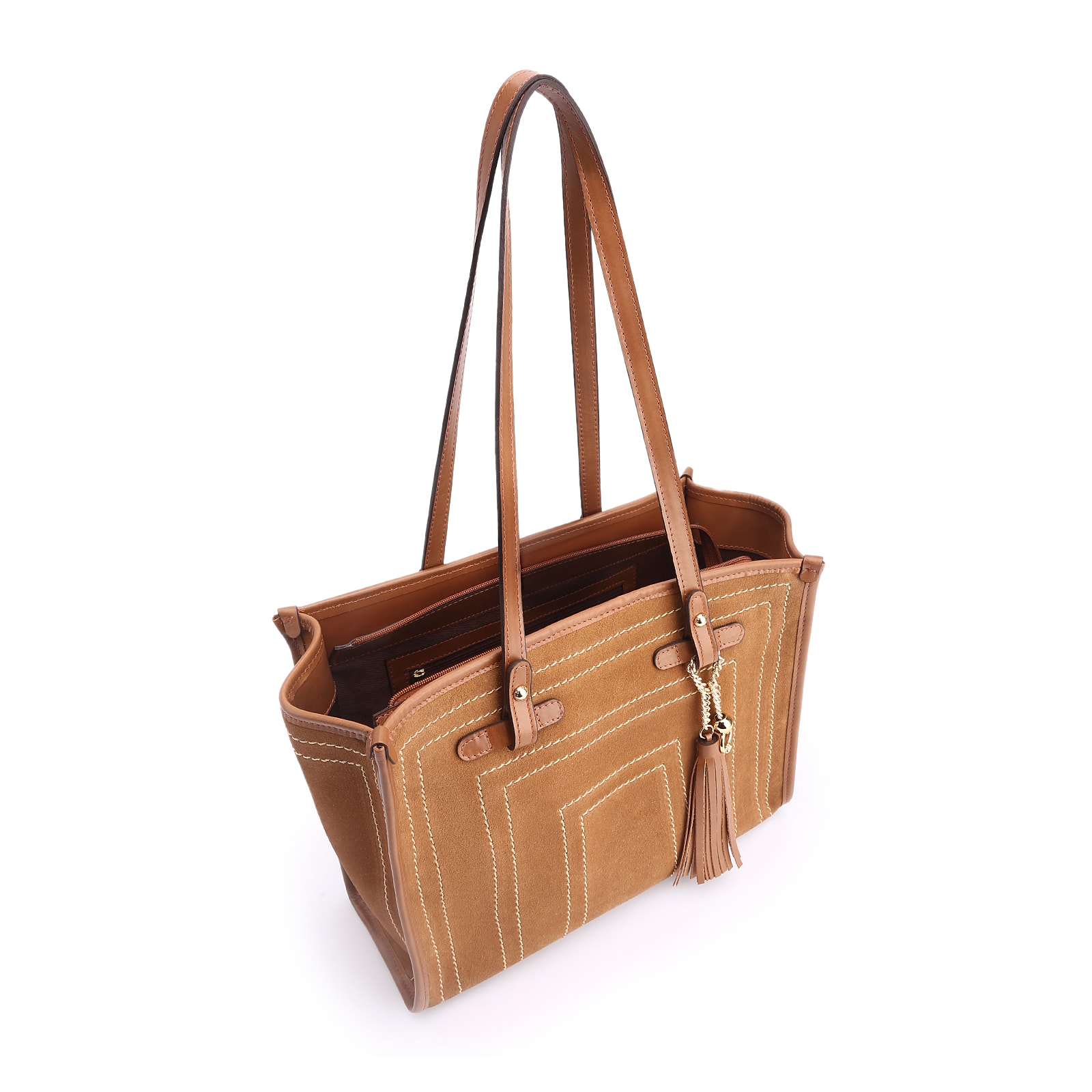 Bolsa Tote Couro Camurça/Couro Marrom