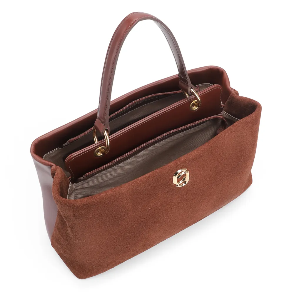 Bolsa Tote Couro Camurça/Couro Marrom Escuro - imagem 4
