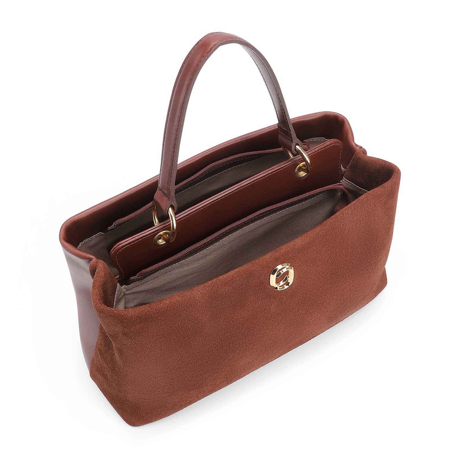 Bolsa Tote Couro Camurça/Couro Marrom Escuro