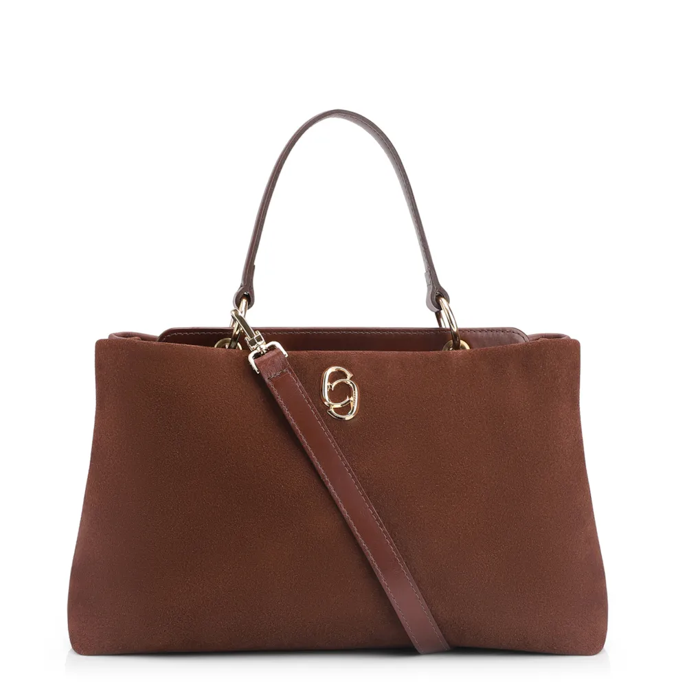Bolsa Tote Couro Camurça/Couro Marrom Escuro
