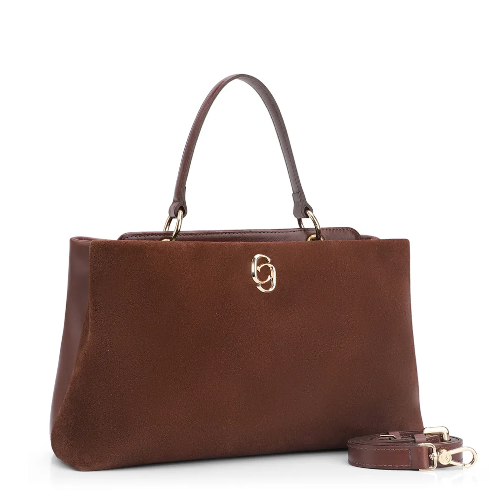 Bolsa Tote Couro Camurça/Couro Marrom Escuro - imagem 2