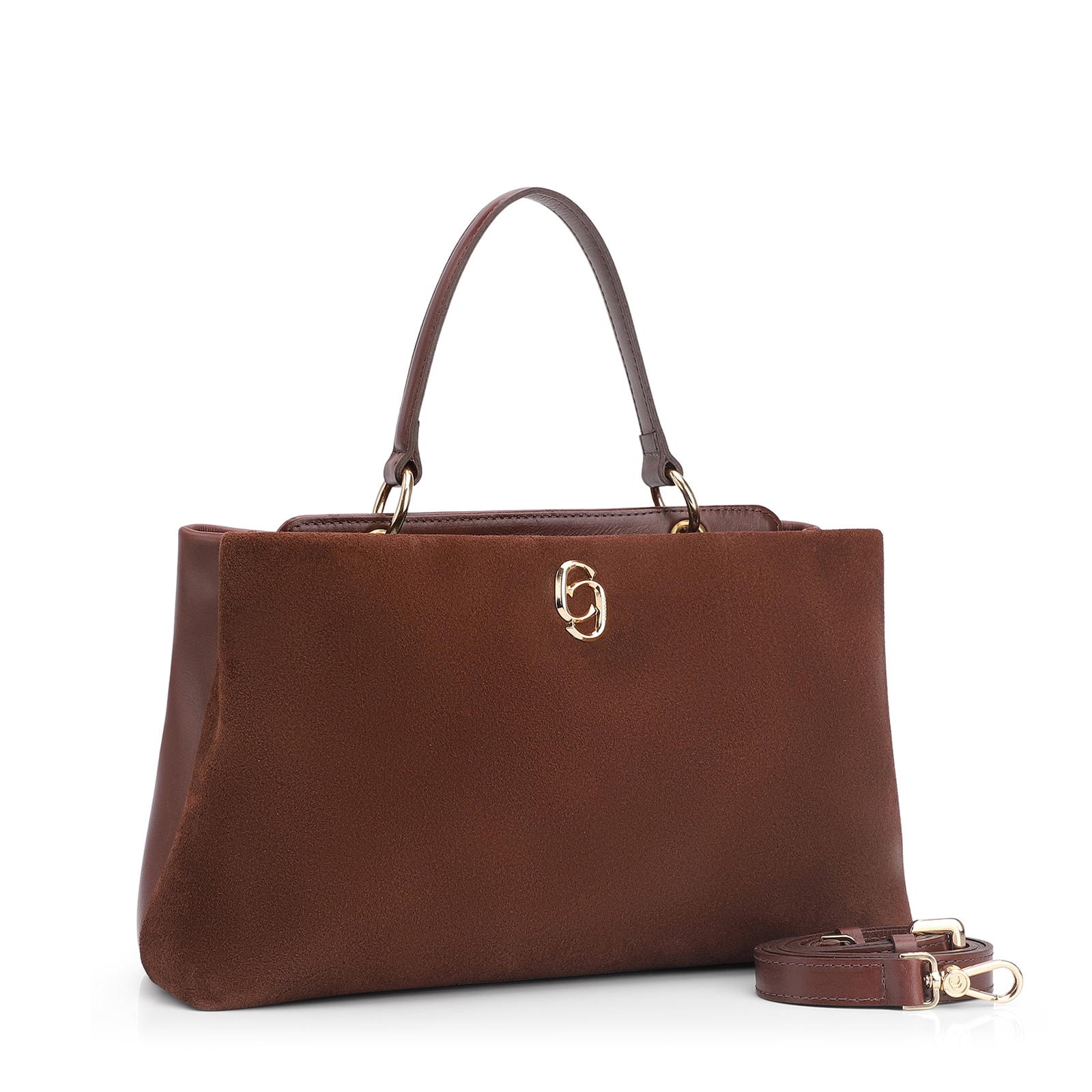 Bolsa Tote Couro Camurça/Couro Marrom Escuro