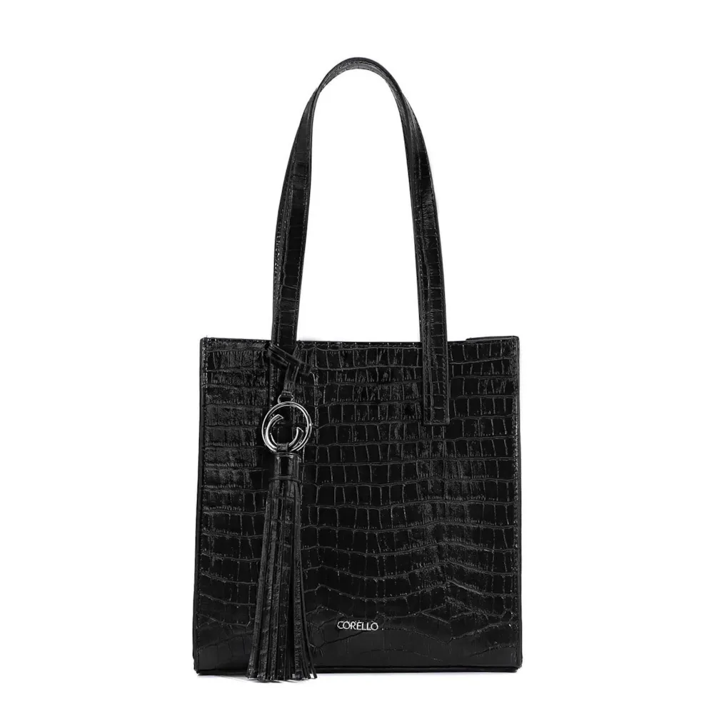 Bolsa Tote Couro Croco Preto