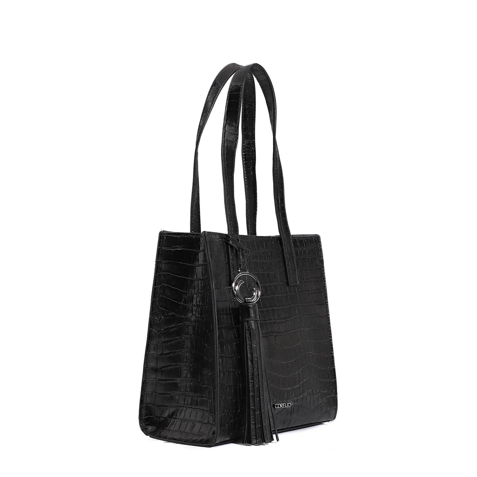 Bolsa Tote Couro Croco Preto