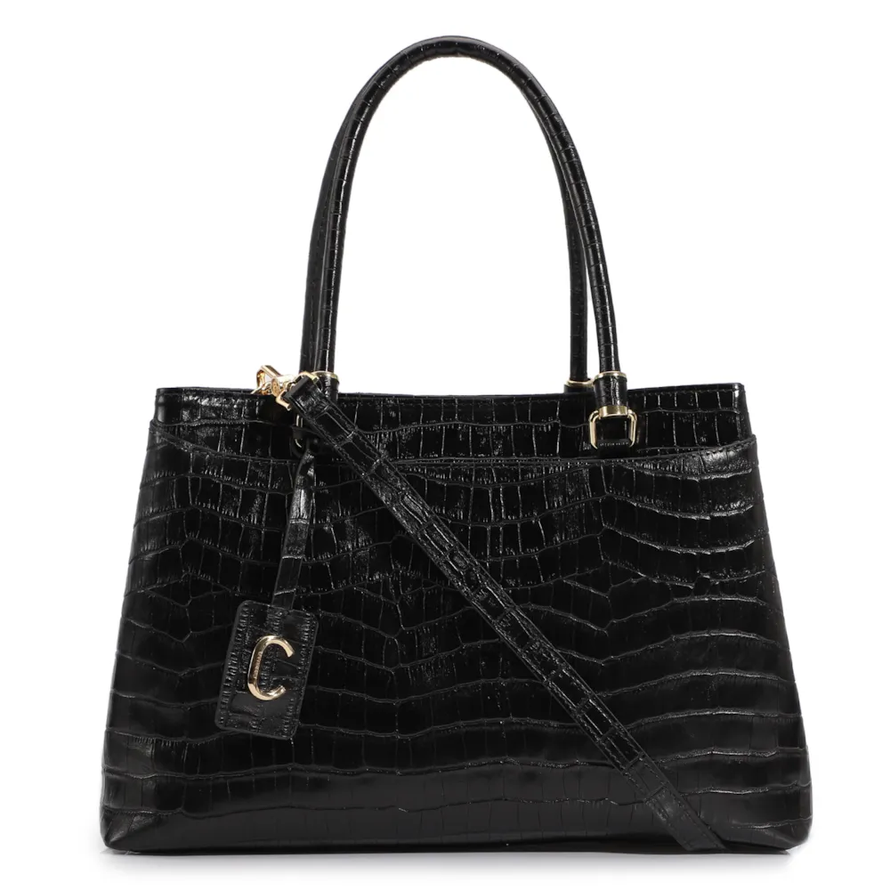 Bolsa Tote Couro Croco Preto