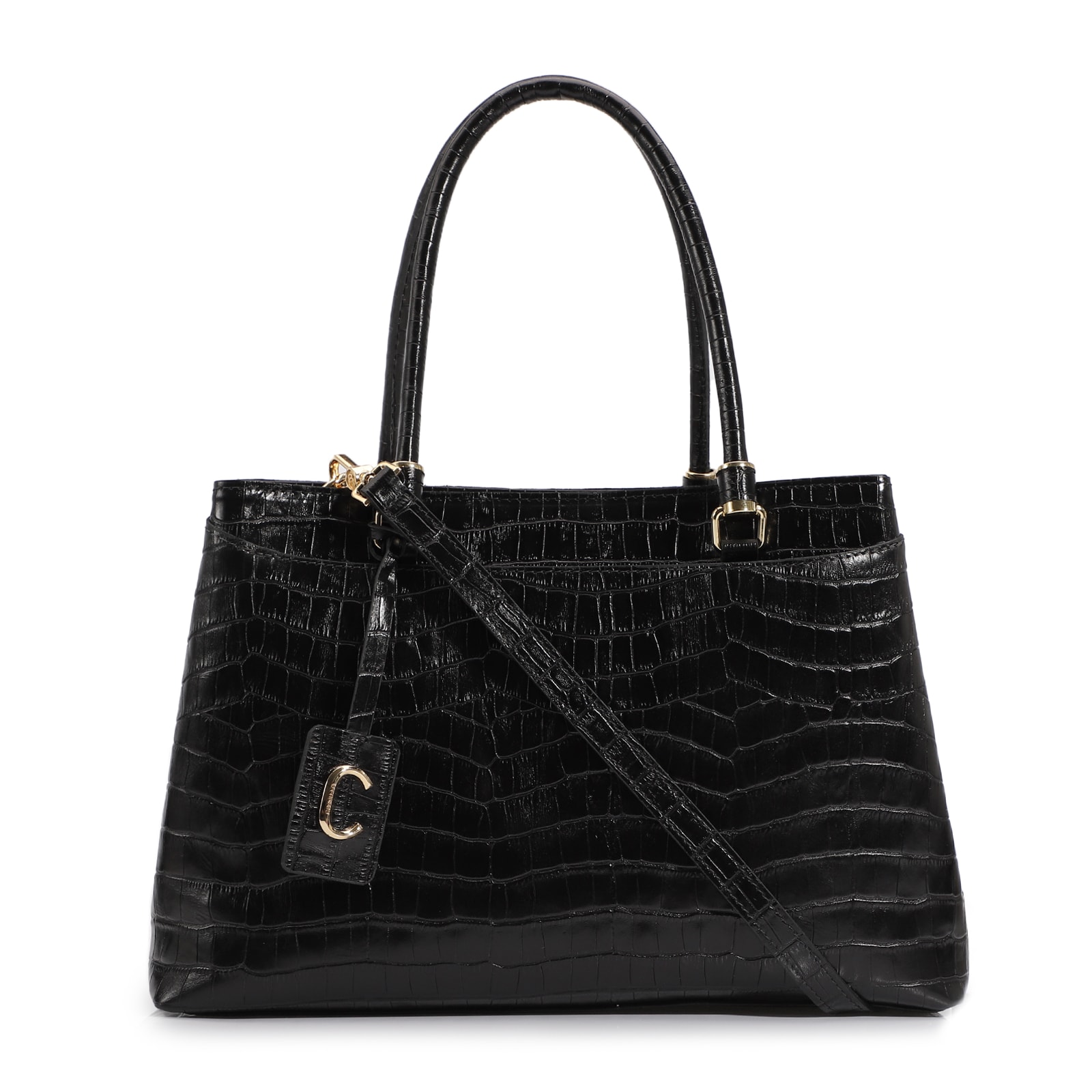 Bolsa Tote Couro Croco Preto