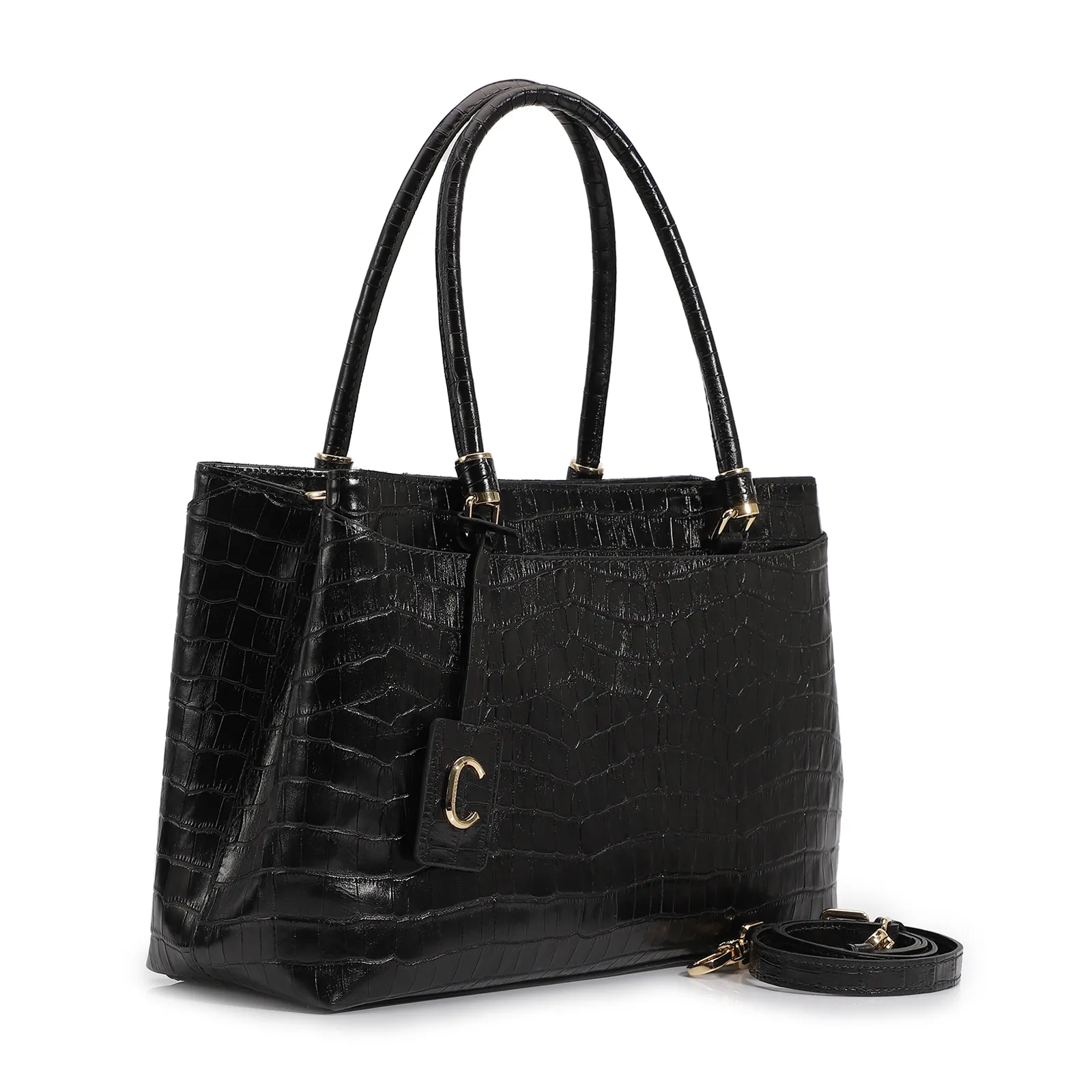 Bolsa Tote Couro Croco Preto