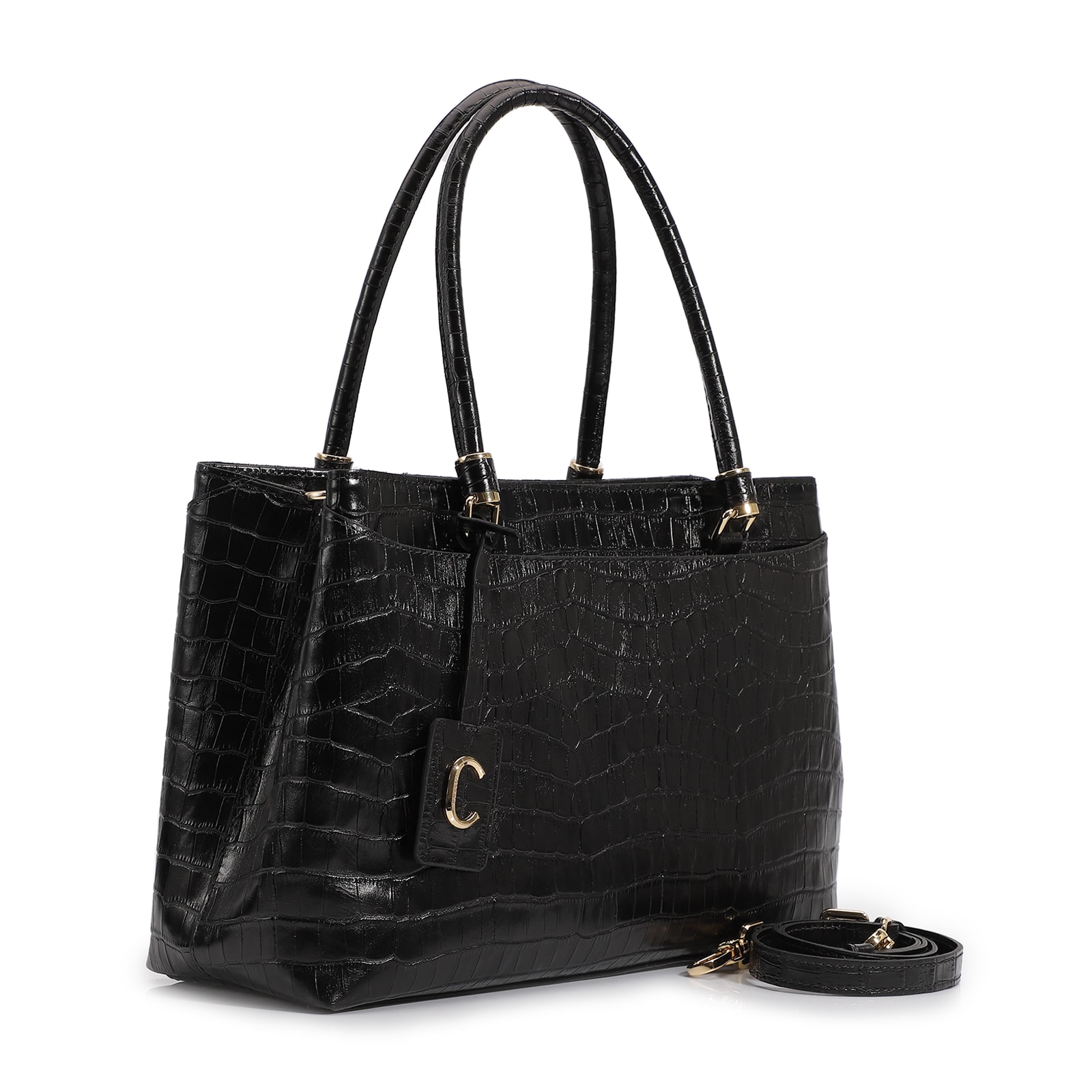 Bolsa Tote Couro Croco Preto