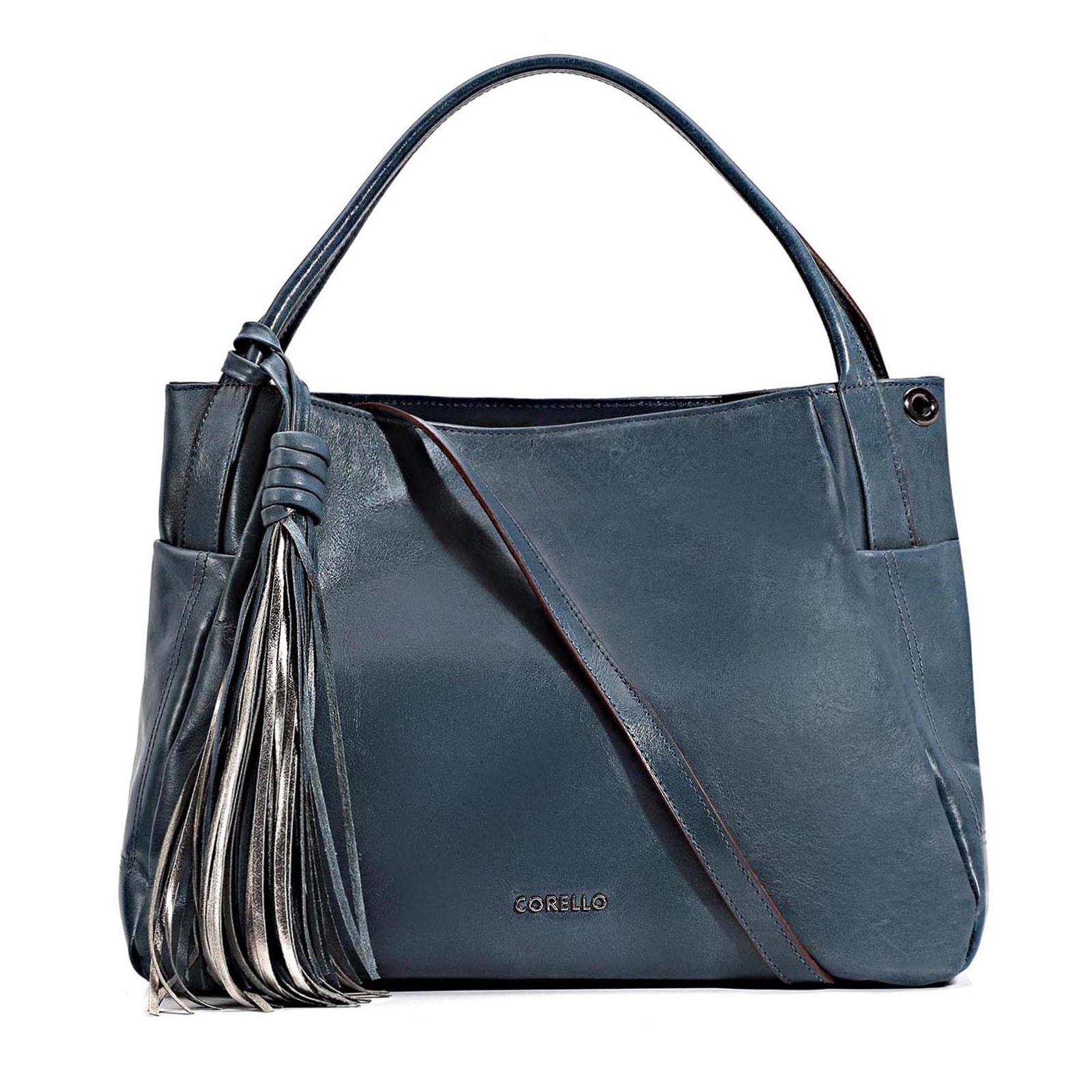 Bolsa Tote Couro Denim/Metal Pewter