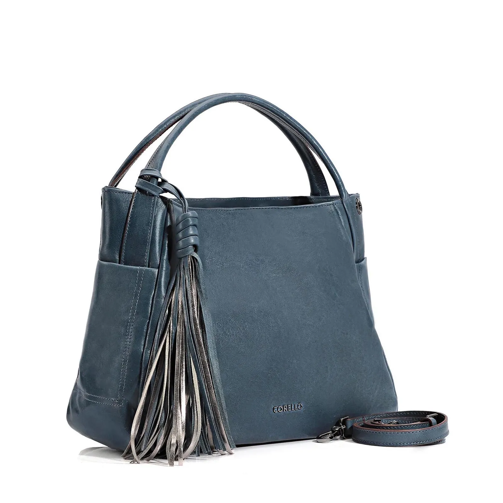 Bolsa Tote Couro Denim/Metal Pewter