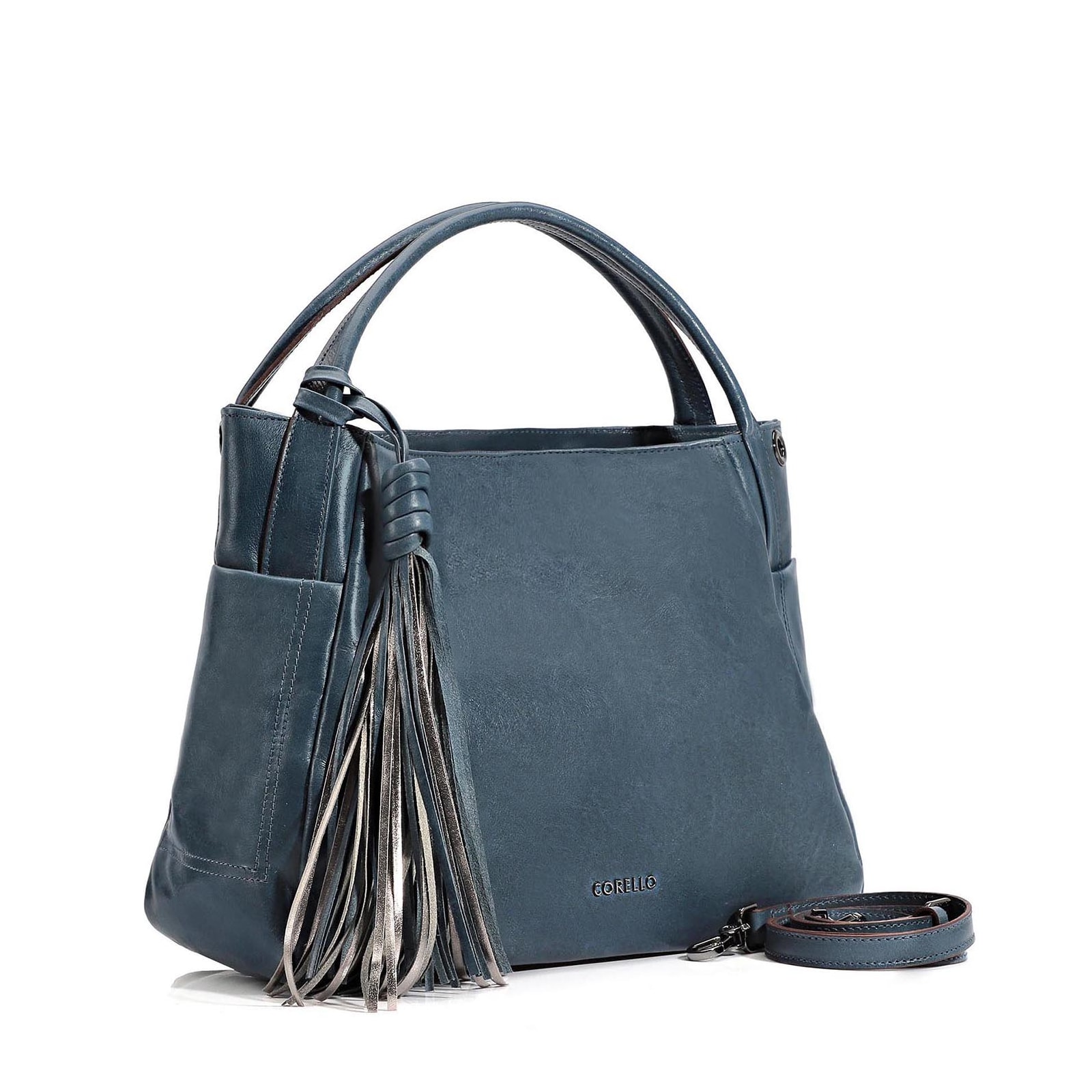 Bolsa Tote Couro Denim/Metal Pewter