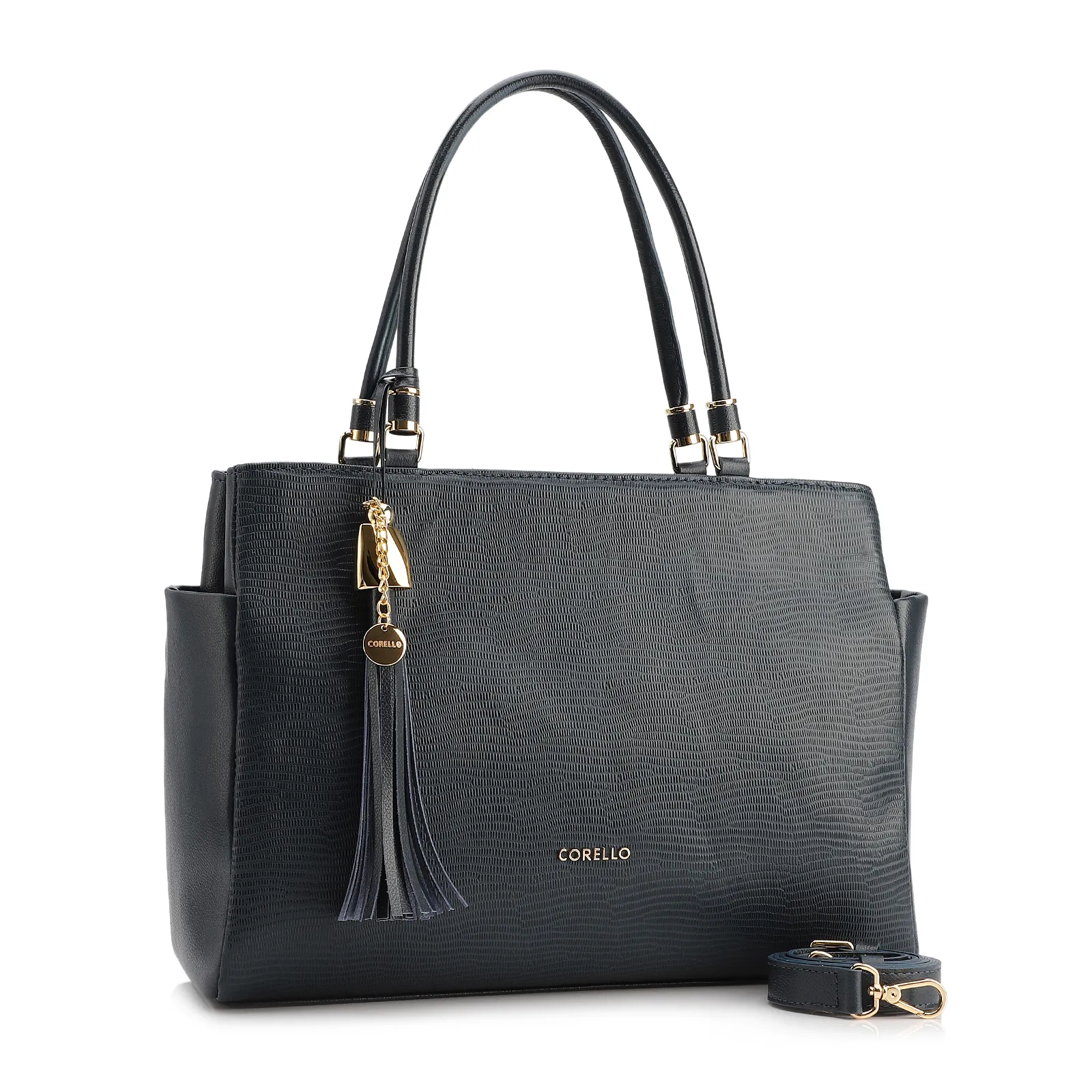 Bolsa Tote Couro Lezard Azul /Couro Azul Bolso Lateral