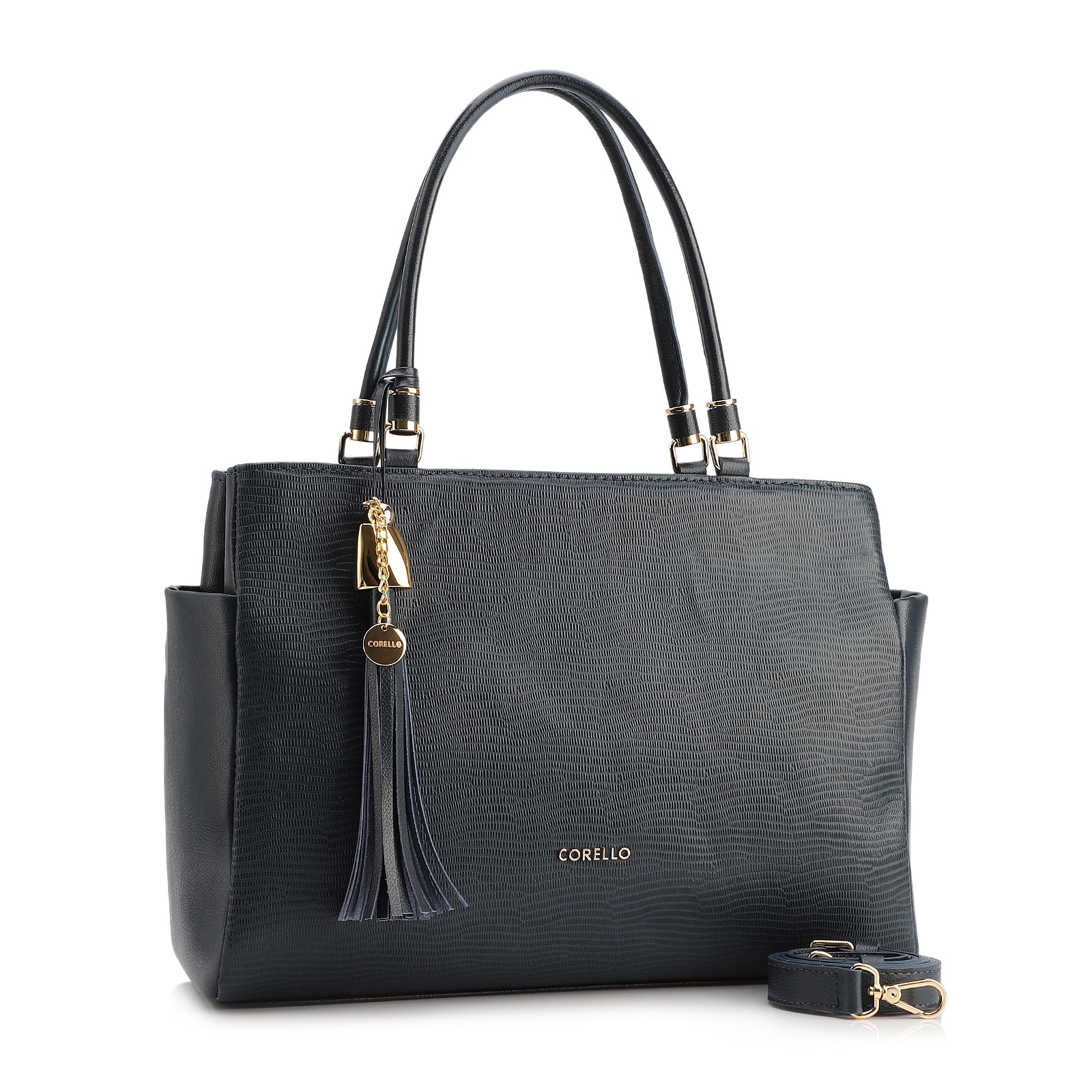 Bolsa Tote Couro Lezard Azul /Couro Azul Bolso Lateral