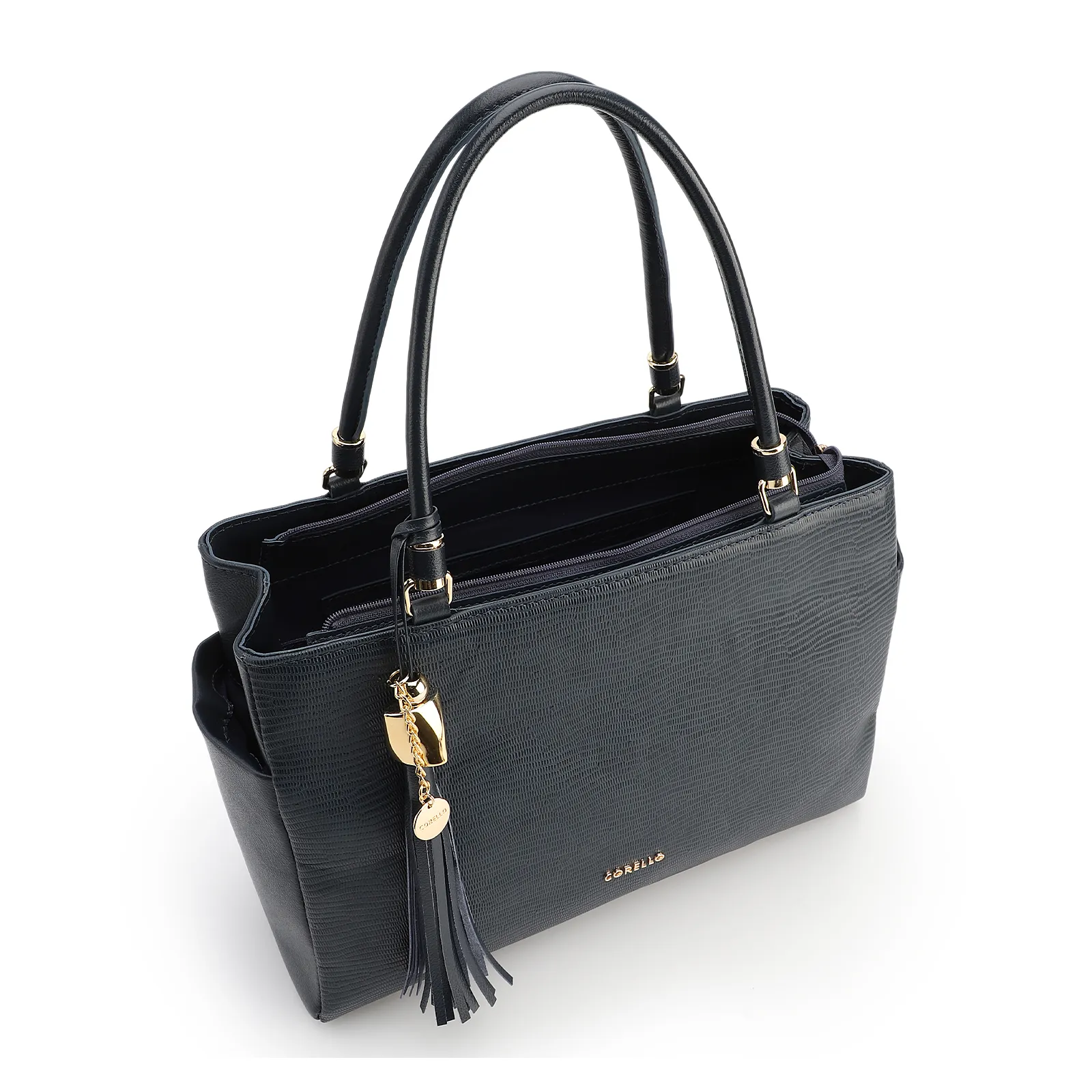Bolsa Tote Couro Lezard Azul /Couro Azul Bolso Lateral