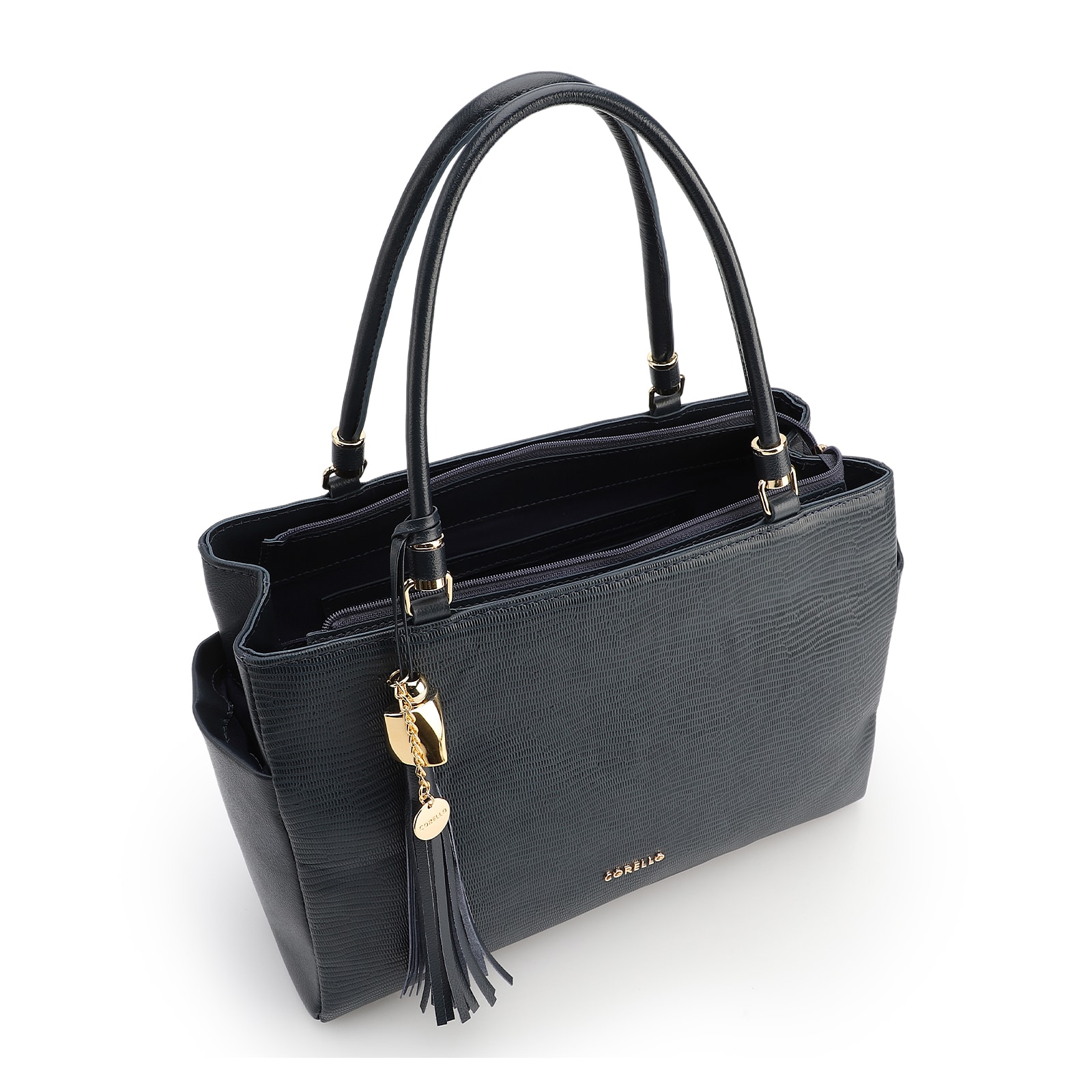 Bolsa Tote Couro Lezard Azul /Couro Azul Bolso Lateral