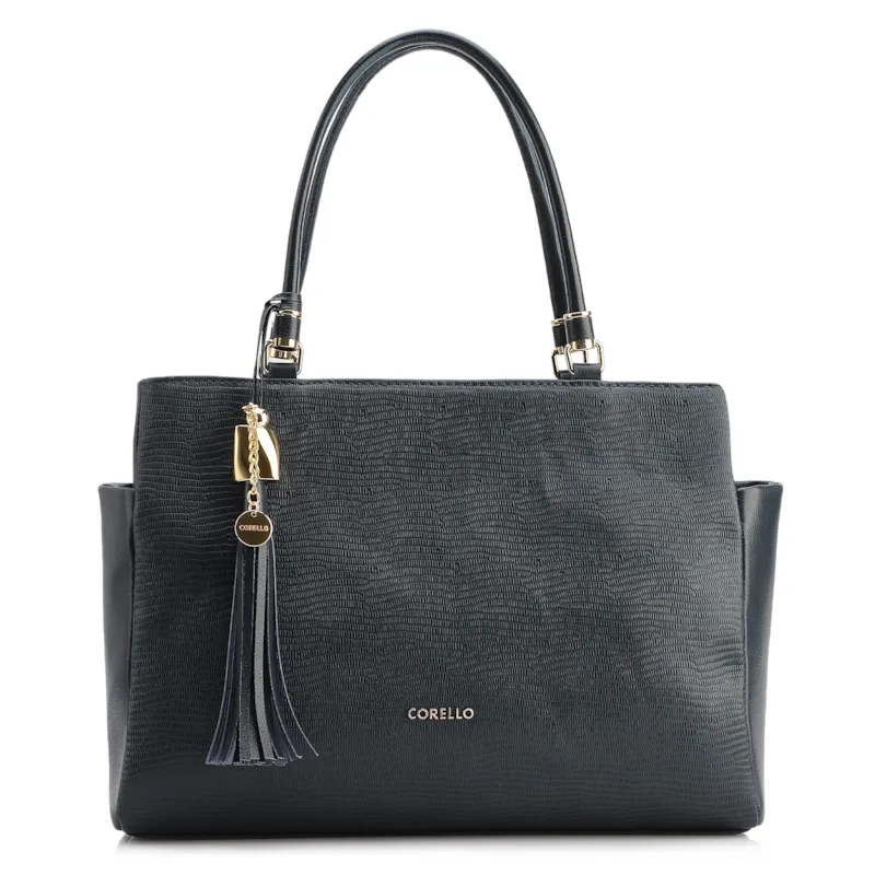 Bolsa Tote Couro Lezard Azul /Couro Azul Bolso Lateral