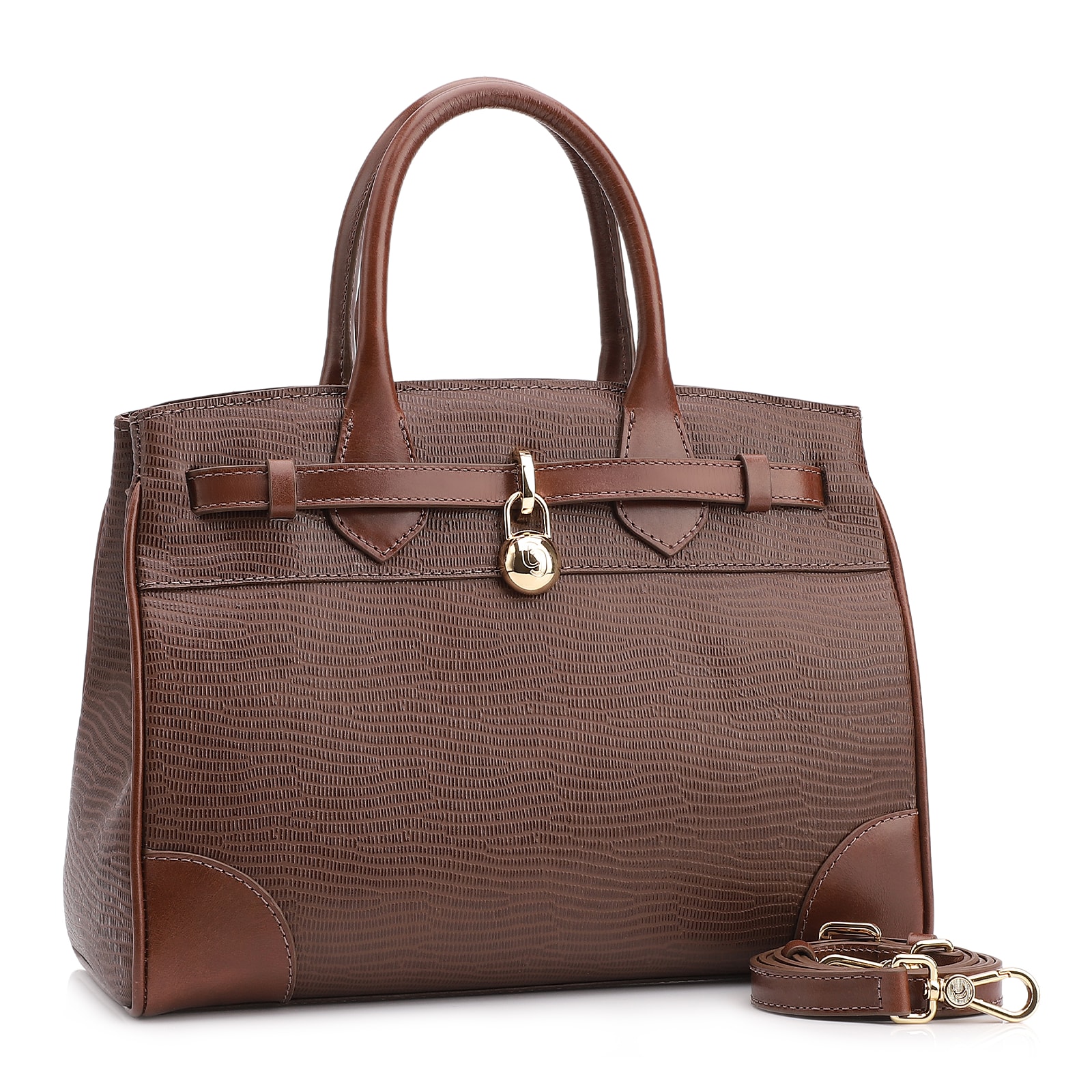 Bolsa Tote Couro Lezard Marrom/Couro Marrom