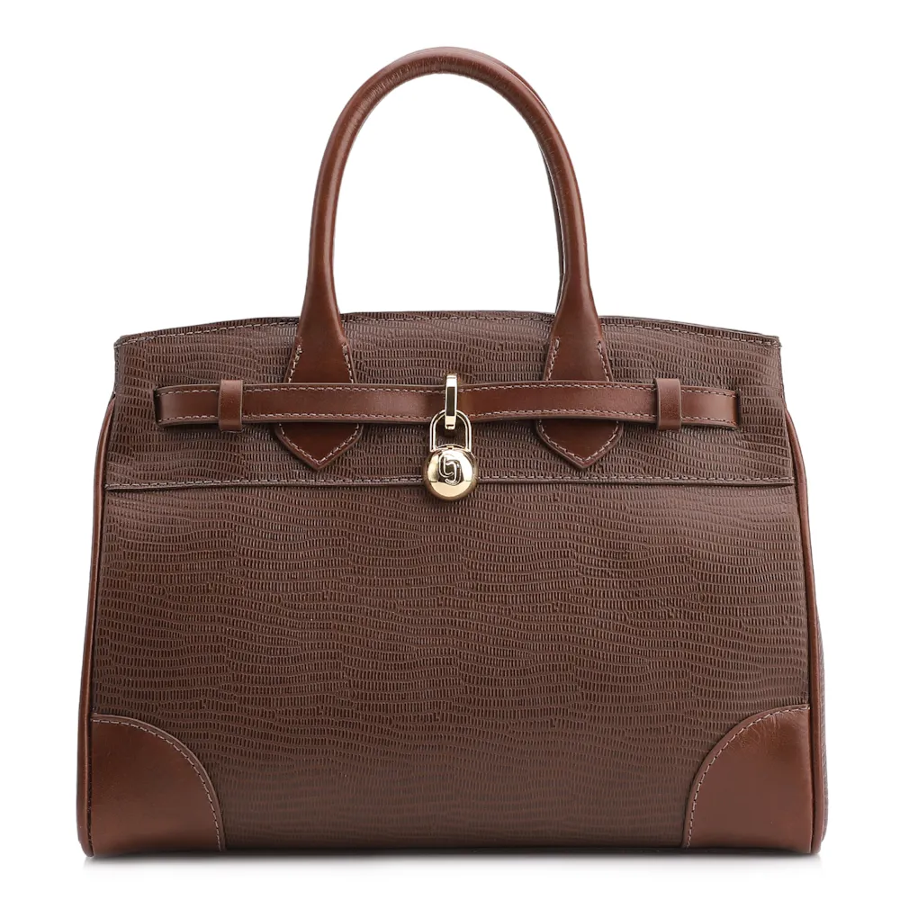 Bolsa Tote Couro Lezard Marrom/Couro Marrom