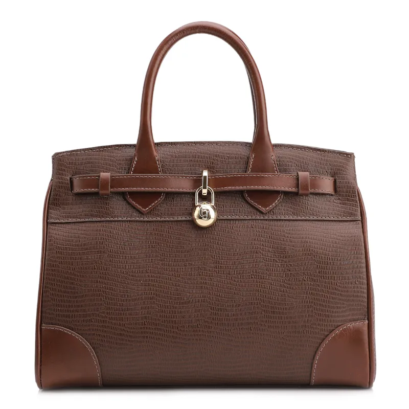 Bolsa Tote Couro Lezard Marrom/Couro Marrom
