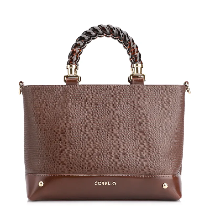 Bolsa Tote Couro Lezard Marrom/Couro Marrom