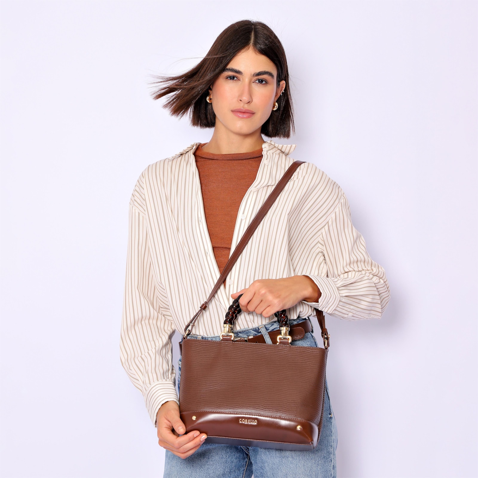 Bolsa Tote Couro Lezard Marrom/Couro Marrom
