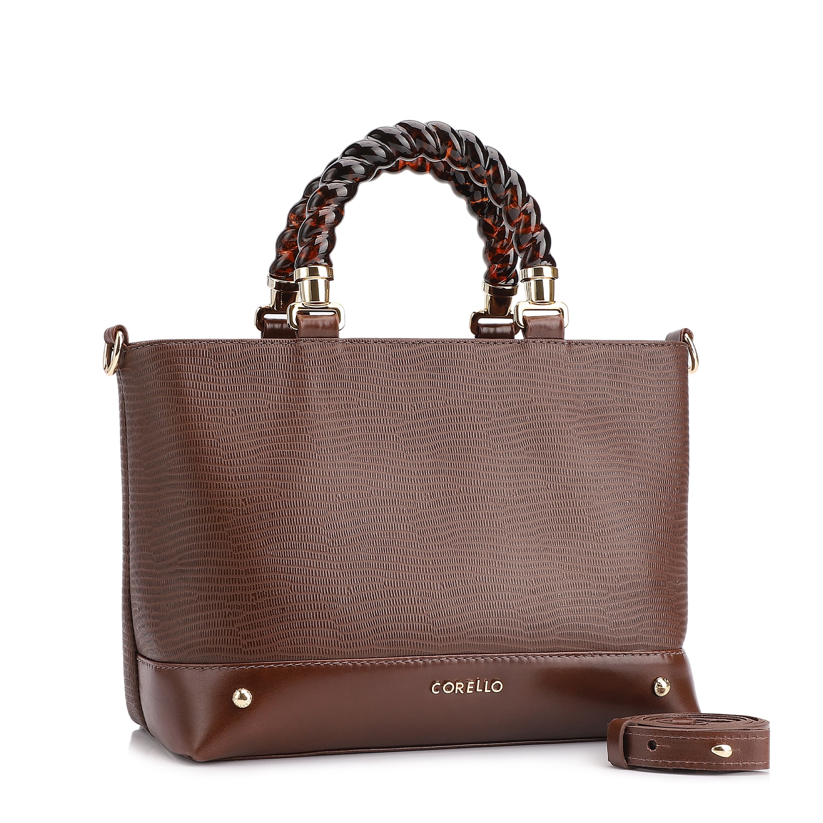 Bolsa Tote Couro Lezard Marrom/Couro Marrom