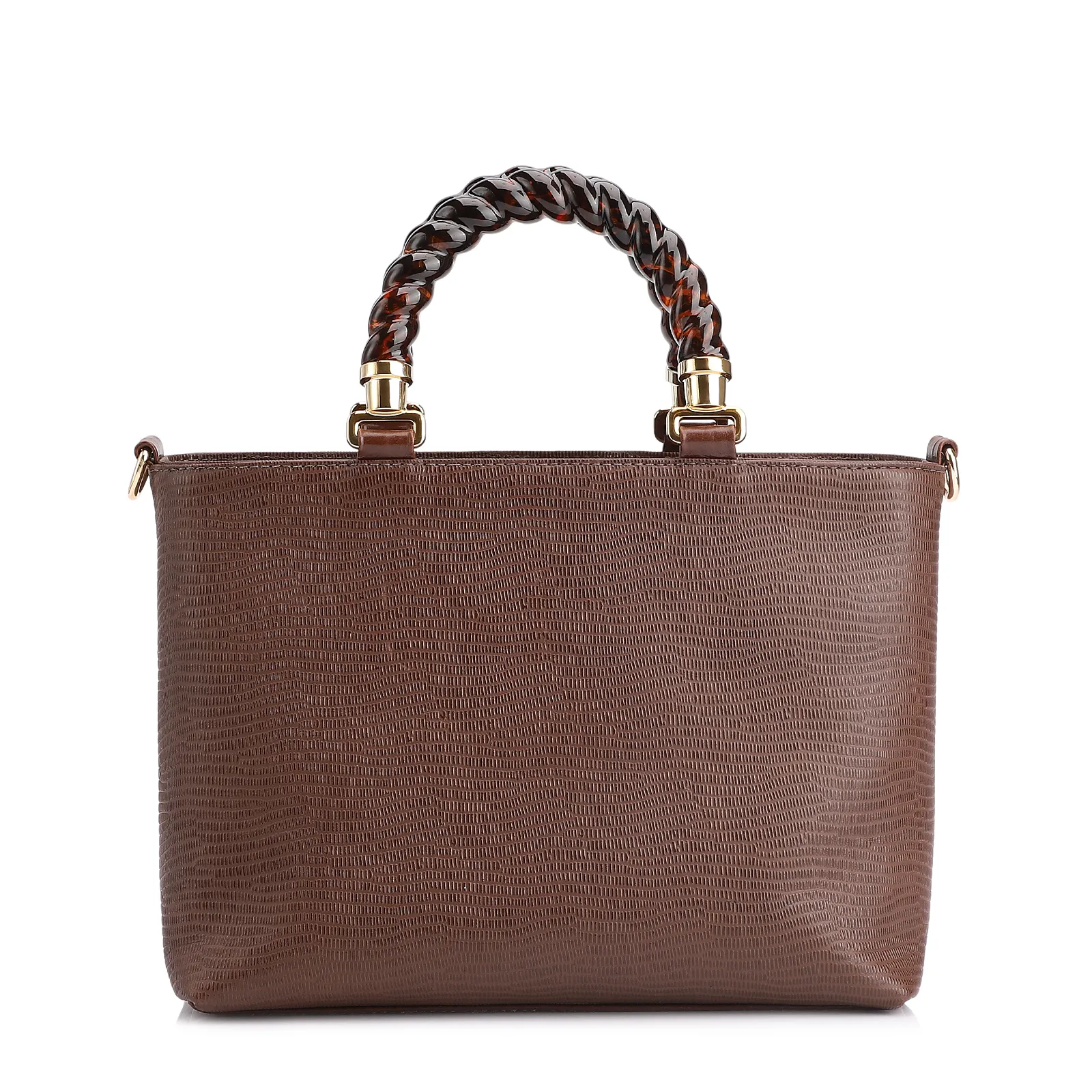 Bolsa Tote Couro Lezard Marrom/Couro Marrom