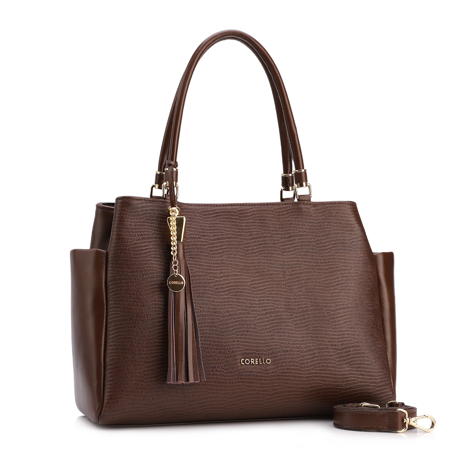 Bolsa Tote Couro Lezard Marrom /Couro Marrom Bolso Lateral