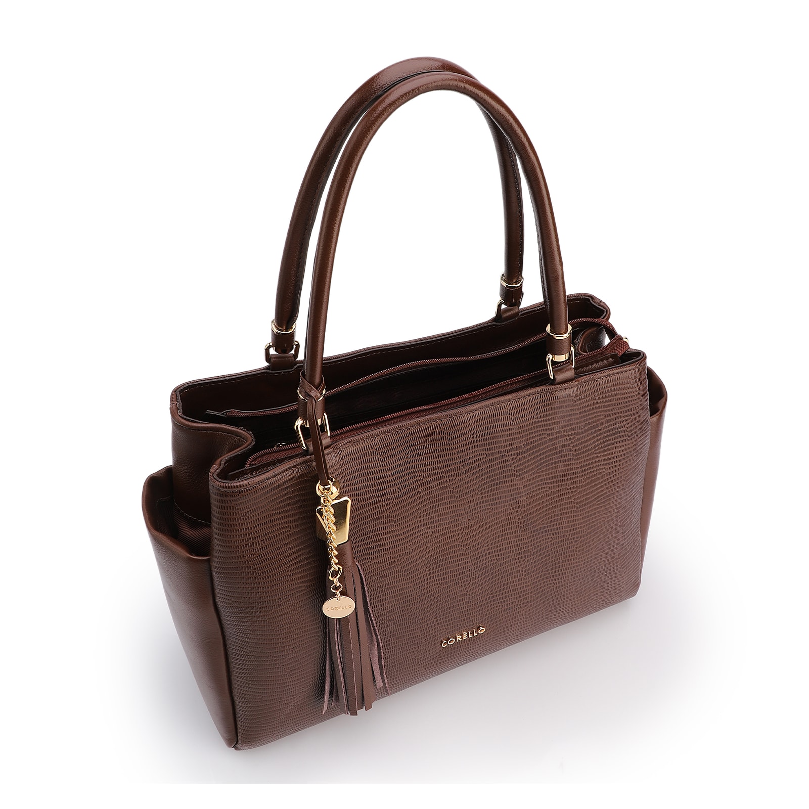 Bolsa Tote Couro Lezard Marrom /Couro Marrom Bolso Lateral