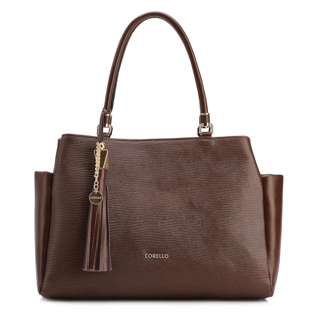 Bolsa Tote Couro Lezard Marrom /Couro Marrom Bolso Lateral