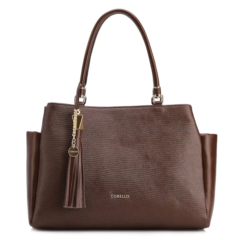 Bolsa Tote Couro Lezard Marrom /Couro Marrom Bolso Lateral