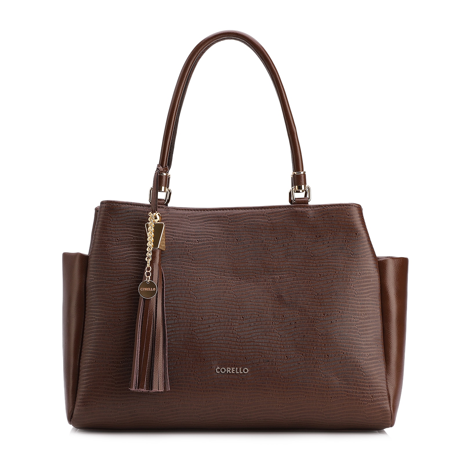 Bolsa Tote Couro Lezard Marrom /Couro Marrom Bolso Lateral