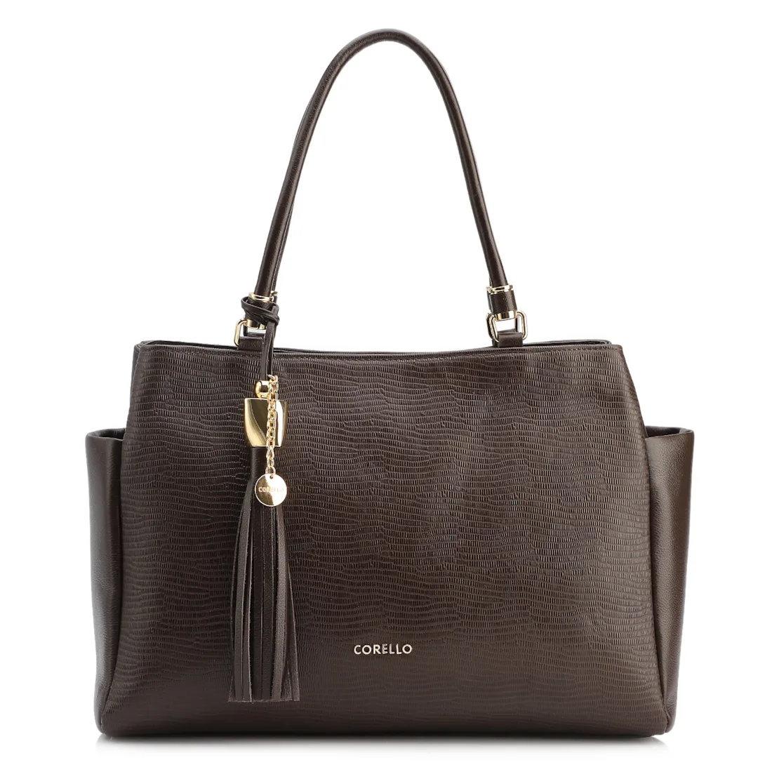 Bolsa Tote Couro Lezard Marrom Escuro /Couro  Marrom Escuro Bolso Lateral