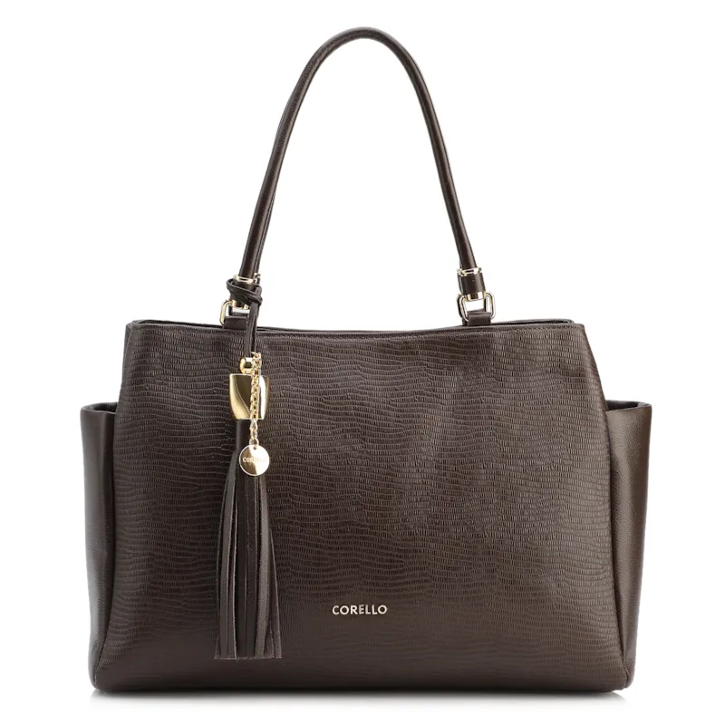 Bolsa Tote Couro Lezard Marrom Escuro /Couro  Marrom Escuro Bolso Lateral