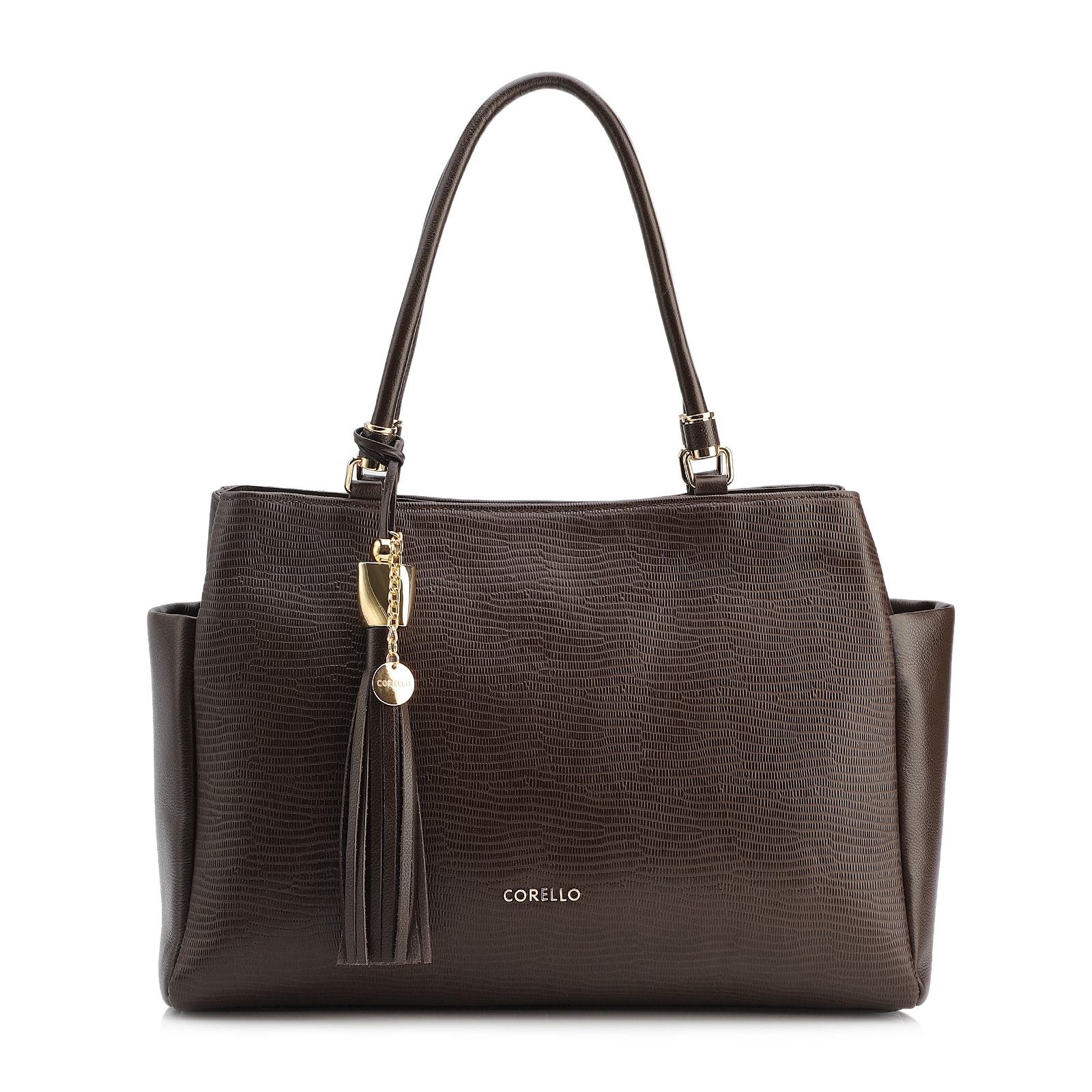 Bolsa Tote Couro Lezard Marrom Escuro /Couro Marrom Escuro Bolso Lateral