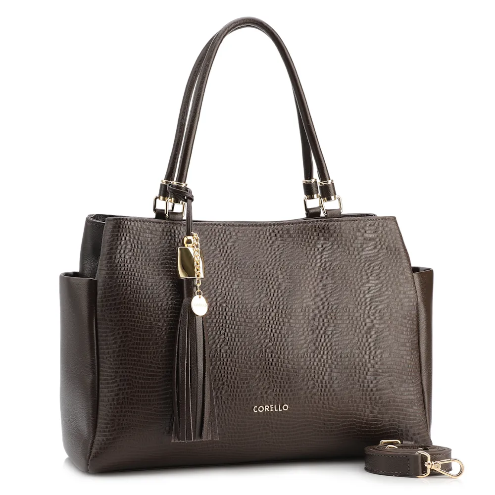 Bolsa Tote Couro Lezard Marrom Escuro /Couro  Marrom Escuro Bolso Lateral - imagem 2