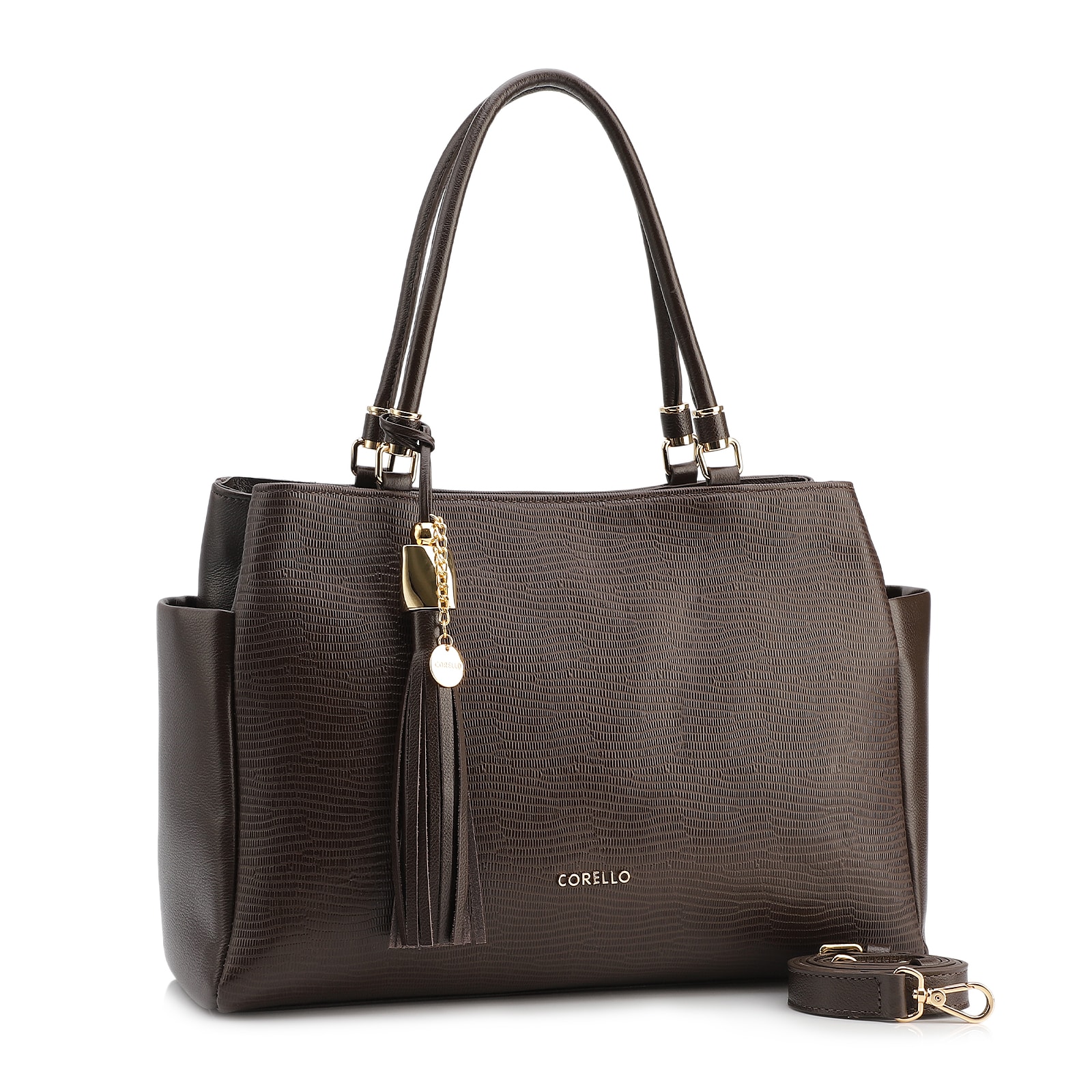 Bolsa Tote Couro Lezard Marrom Escuro /Couro Marrom Escuro Bolso Lateral