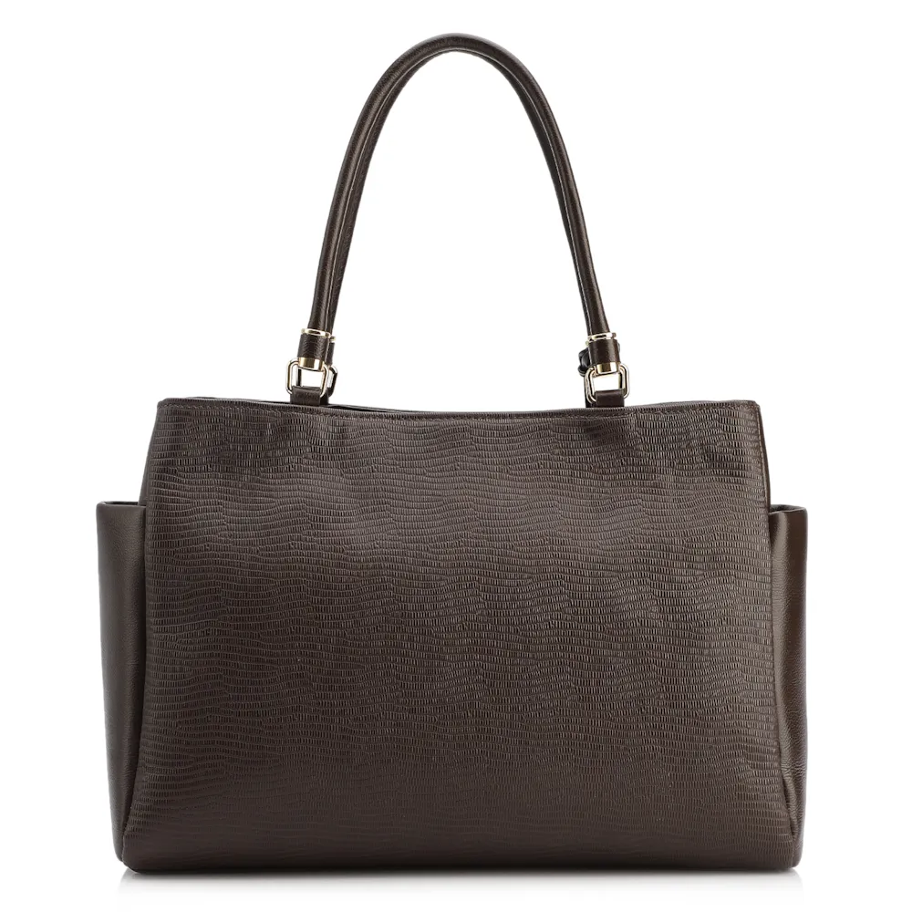 Bolsa Tote Couro Lezard Marrom Escuro /Couro  Marrom Escuro Bolso Lateral - imagem 3