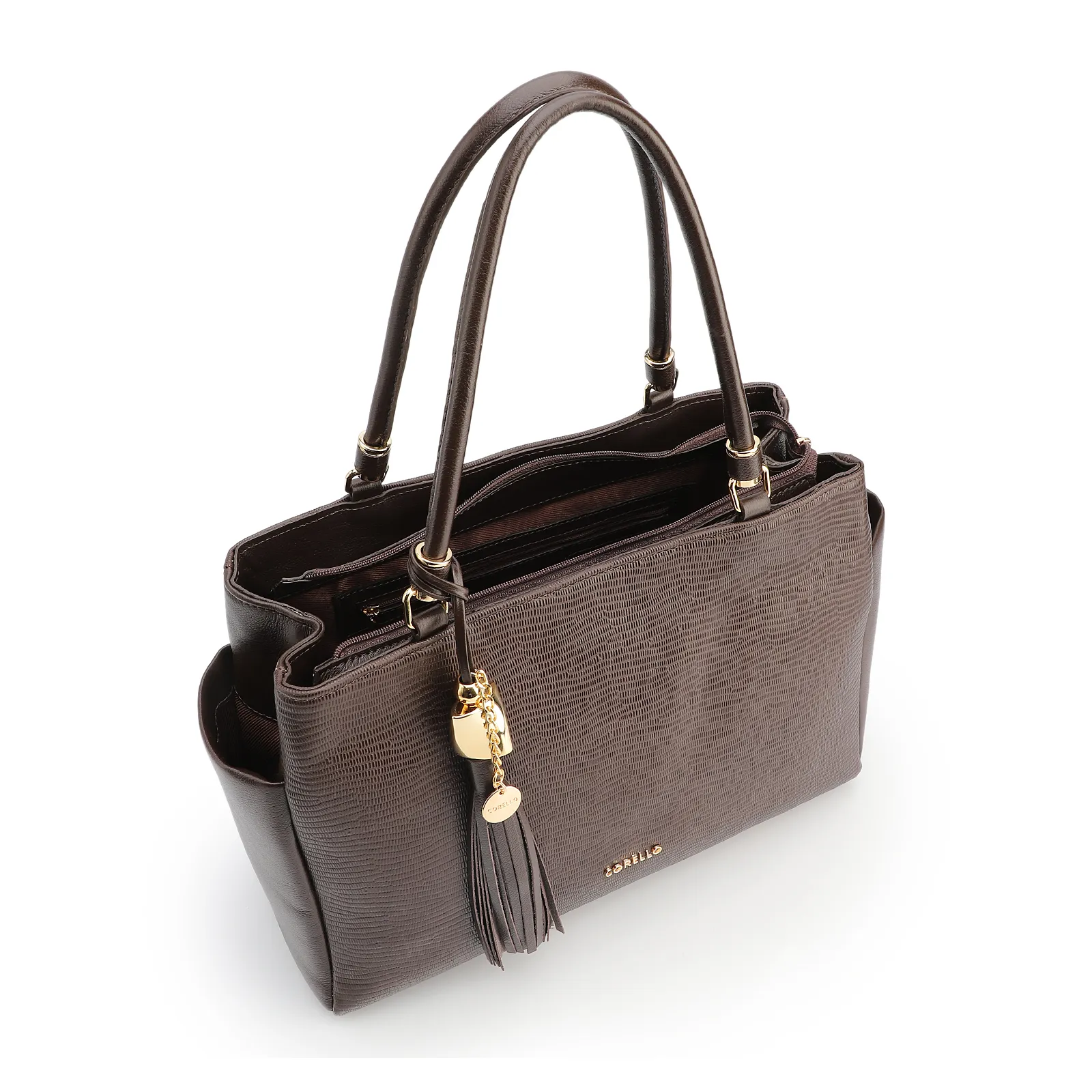 Bolsa Tote Couro Lezard Marrom Escuro /Couro  Marrom Escuro Bolso Lateral