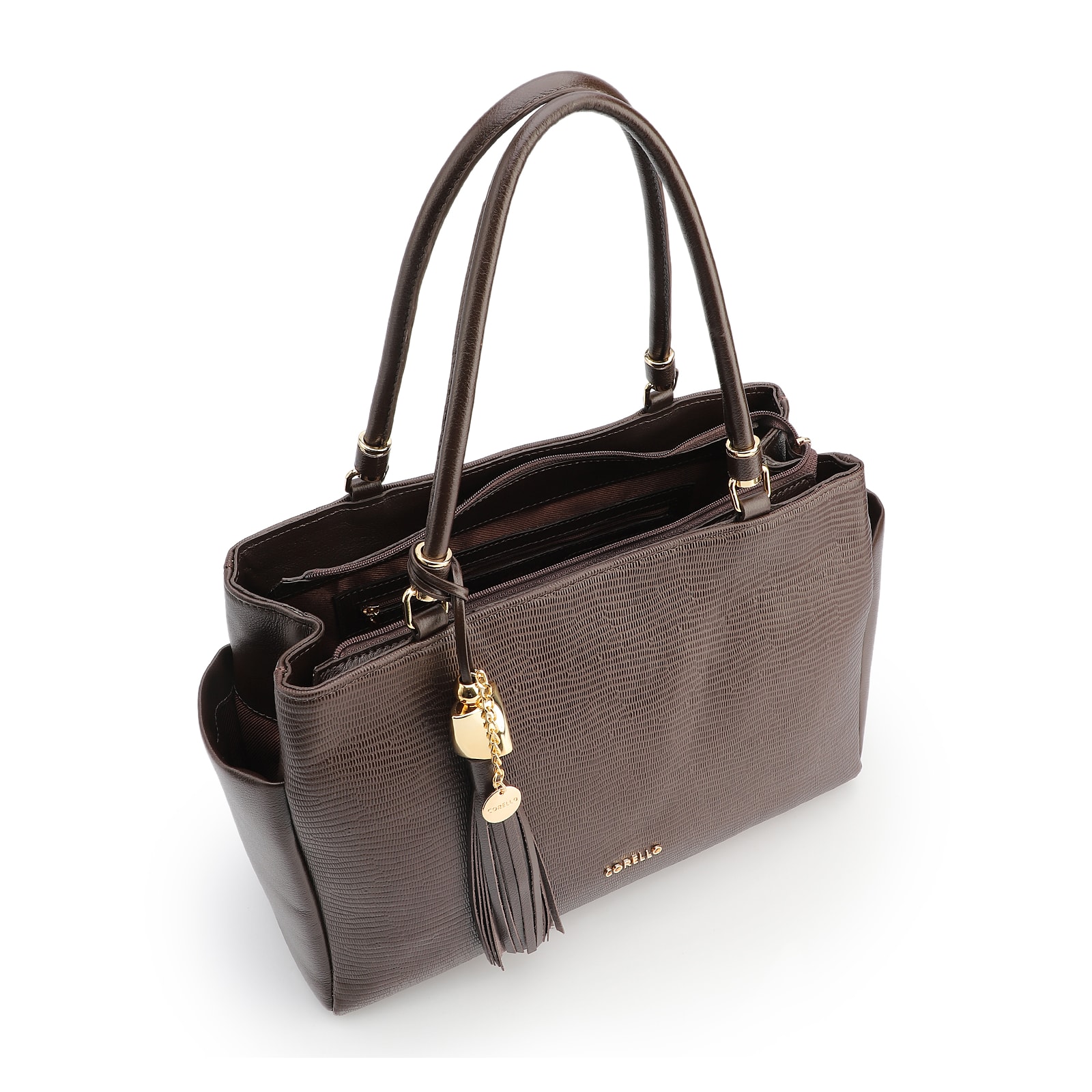 Bolsa Tote Couro Lezard Marrom Escuro /Couro Marrom Escuro Bolso Lateral