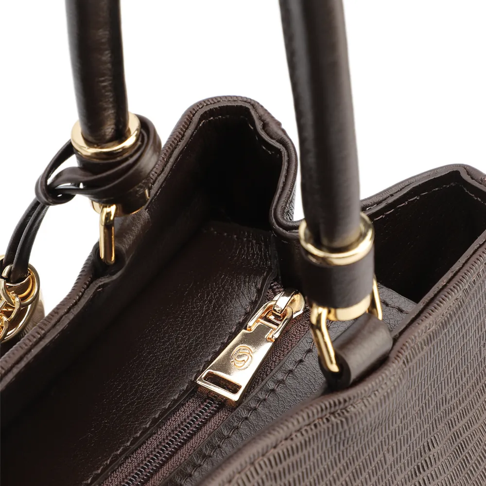 Bolsa Tote Couro Lezard Marrom Escuro /Couro  Marrom Escuro Bolso Lateral - imagem 5
