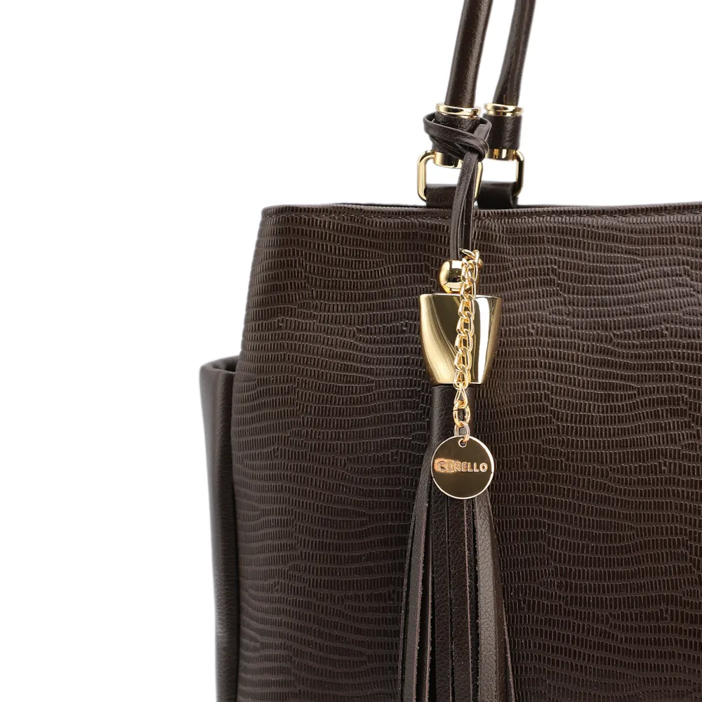 Bolsa Tote Couro Lezard Marrom Escuro /Couro  Marrom Escuro Bolso Lateral - imagem 7