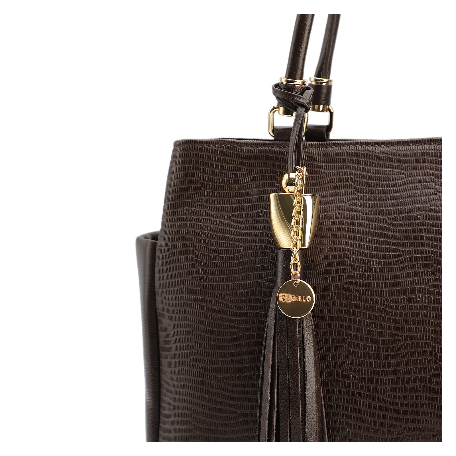 Bolsa Tote Couro Lezard Marrom Escuro /Couro Marrom Escuro Bolso Lateral