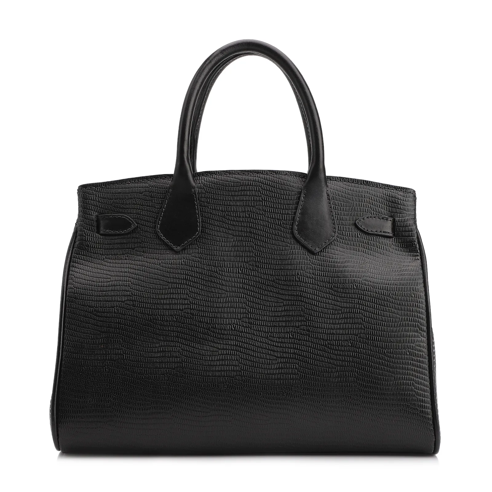 Bolsa Tote Couro Lezard Preto/Couro Preto