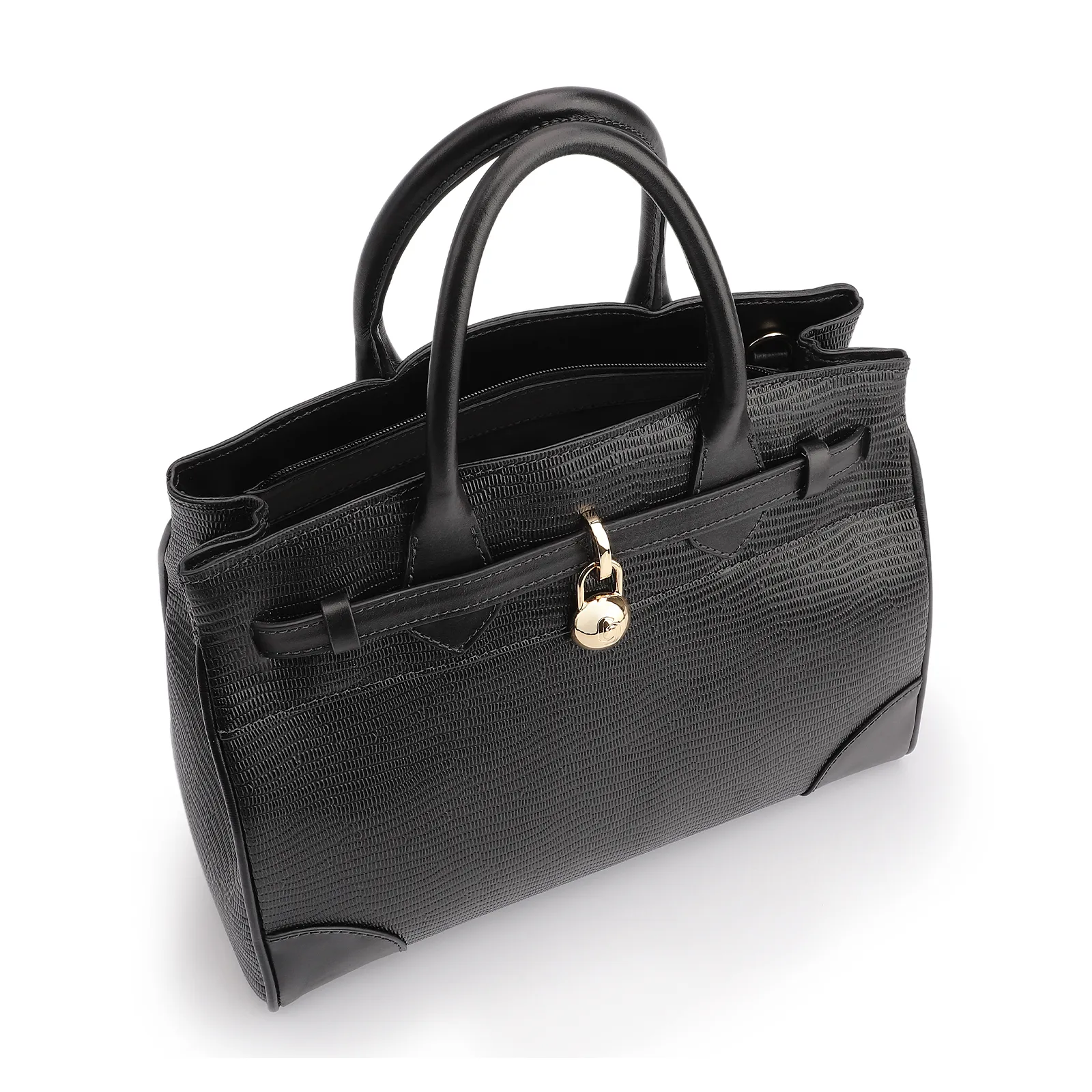 Bolsa Tote Couro Lezard Preto/Couro Preto