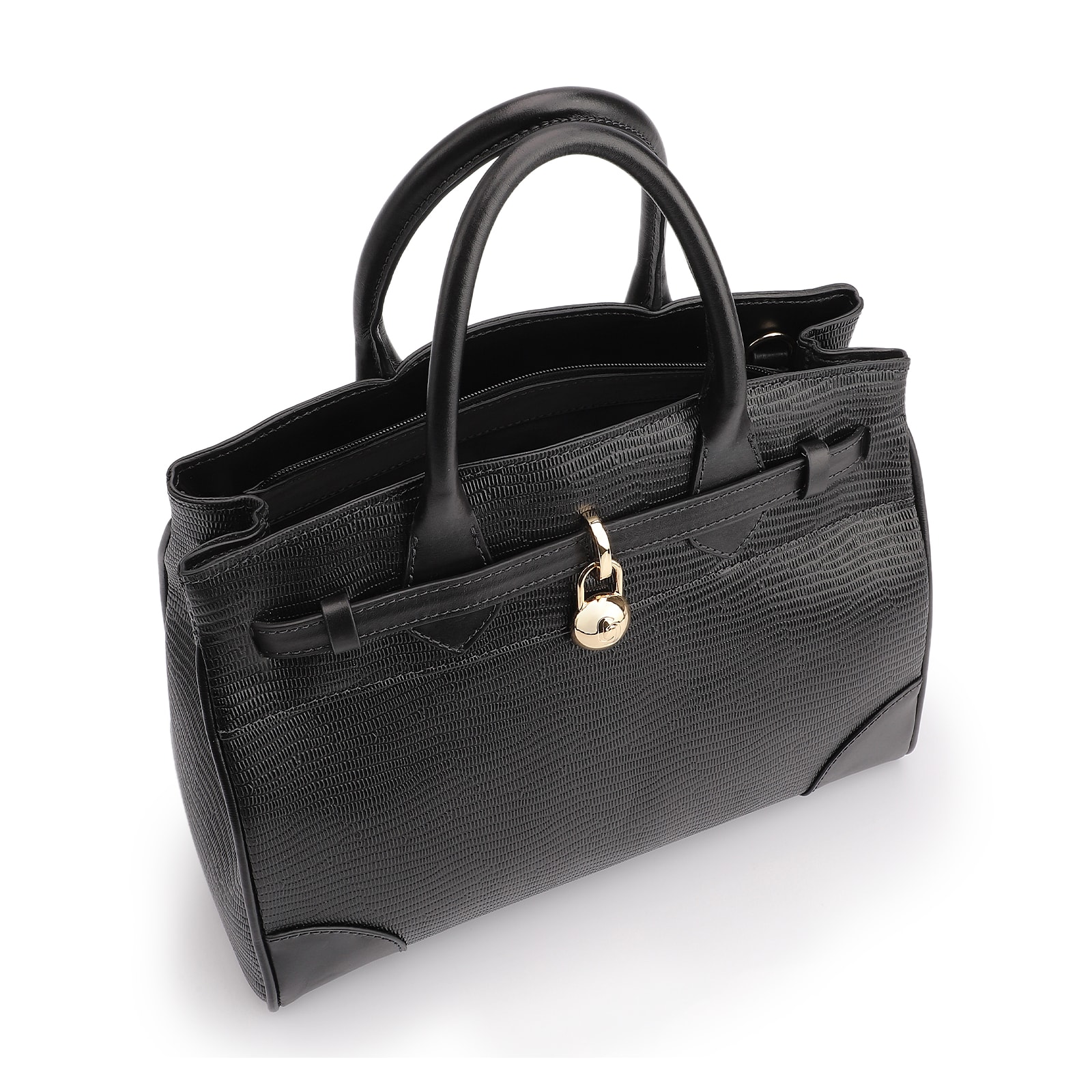 Bolsa Tote Couro Lezard Preto/Couro Preto