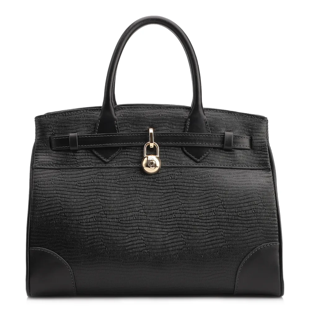 Bolsa Tote Couro Lezard Preto/Couro Preto