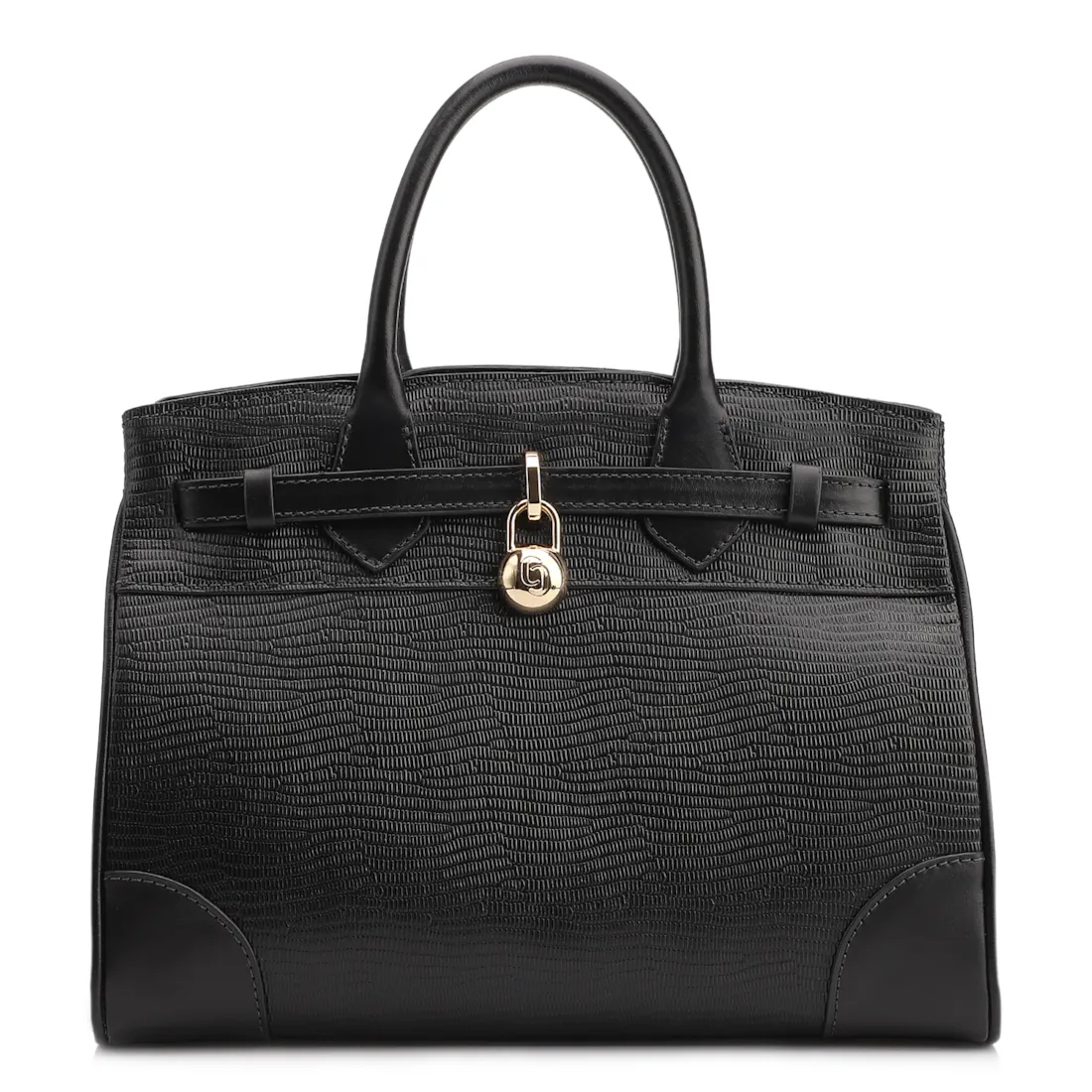 Bolsa Tote Couro Lezard Preto/Couro Preto